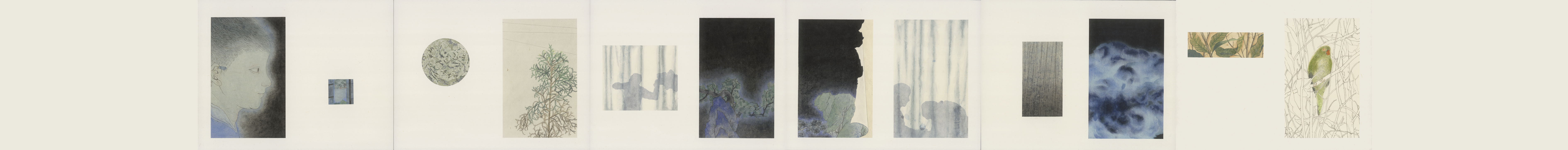 Budding Cherries and Mysterious Man, 2015, mineral pigment, ink on paper, 25X304cm (9.8X119.7 in)