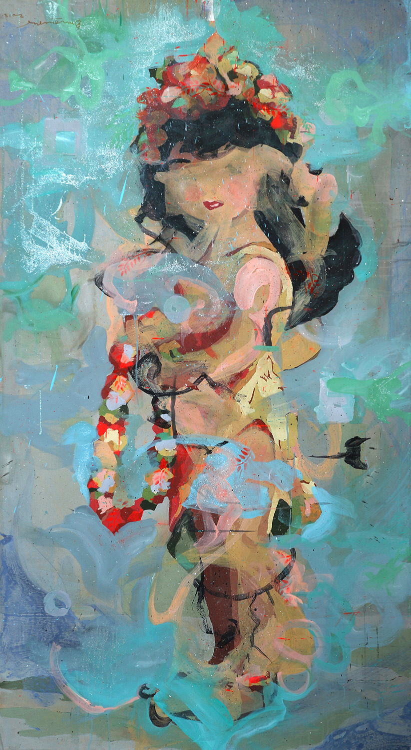 Hula Girl, 2016, Original acrylic on canvas with printed background 75 x 41 in.