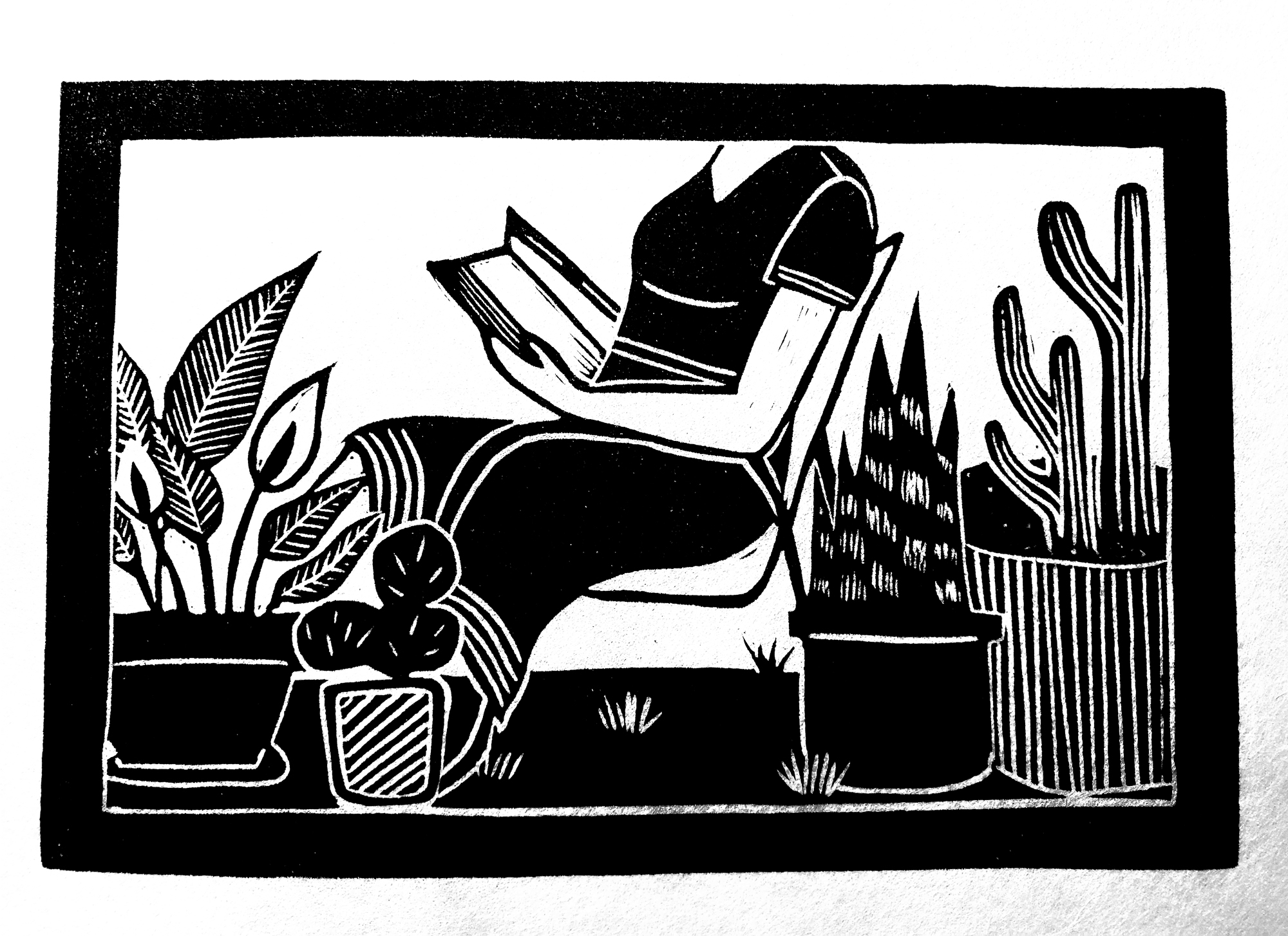 "In the Greenhouse" Linoprint, Akua ink on mulberry paper, 6x9