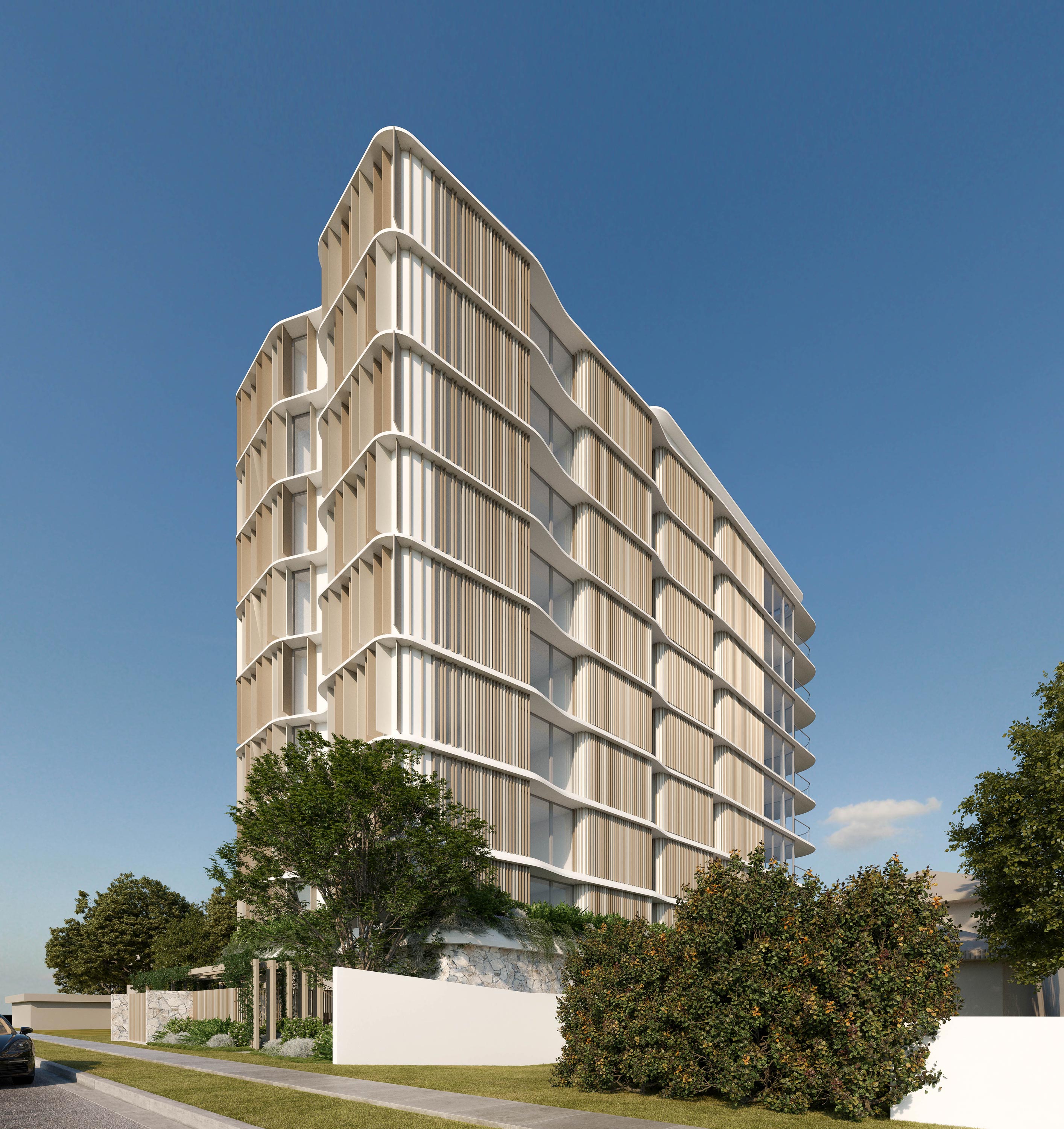 An artist's impression of a modern apartment building with timber batten screening for privacy and sun-shading.