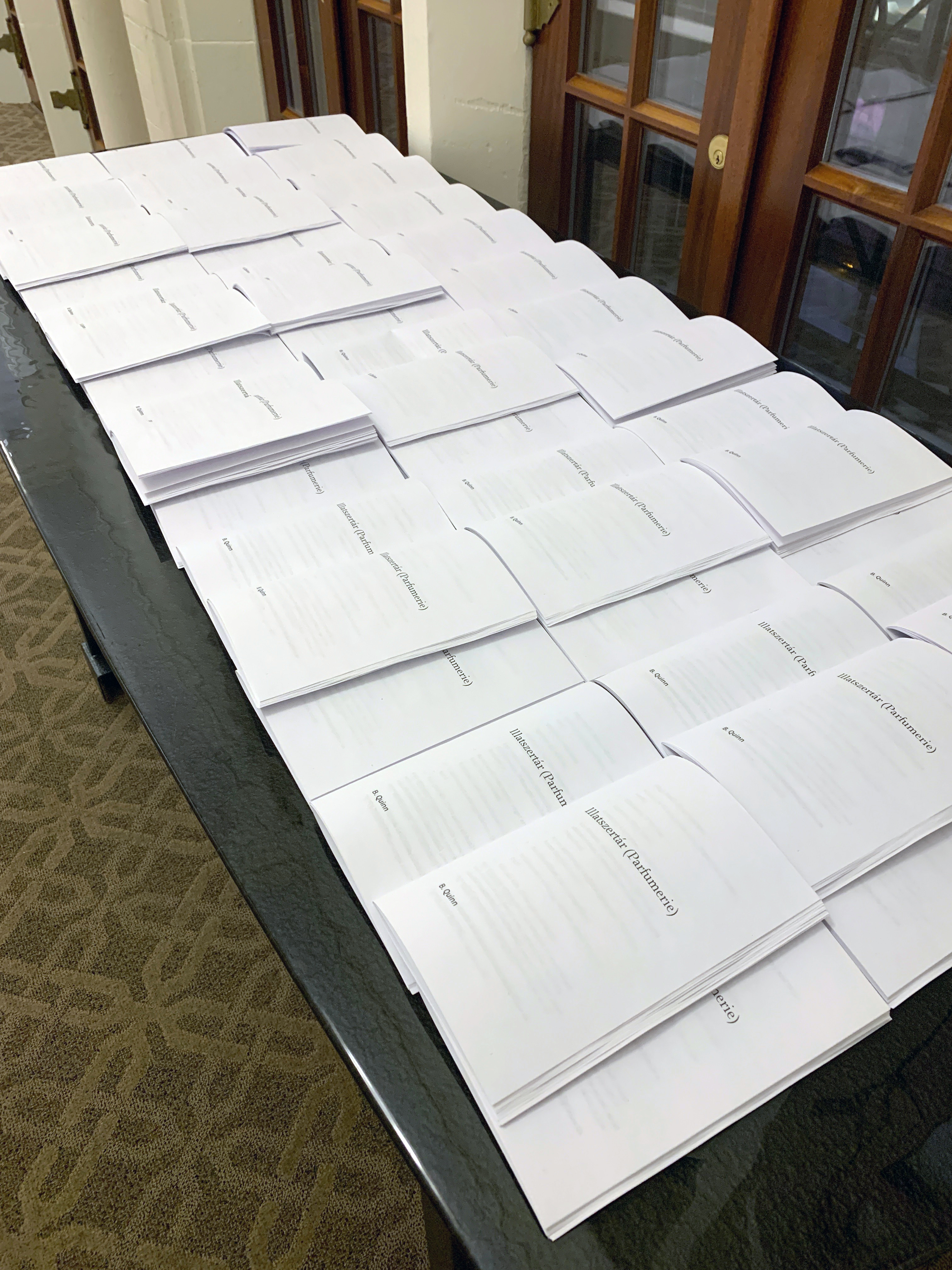 3/20 — ILLATSZERTÁR (PARFUMERIE).  Inspired by her pursuit of learning to speak and write Hungarian, Quinn revisits the exploration of language as form in the project Illatszertár (Parfumerie). The title references the play of the same name, written by the Hungarian-born Miklós László. After László immigrated to America, Illatszertár was used as the storyline for the motion pictures The Shop Around the Corner, and, more recently, You've Got Mail. For the works created for Illatszertár, Quinn surveys these films' English scripts, extracting and translating text selections, returning their collective story to their language of origin. The project takes form across fifteen graphite works on linen, three photographs, and a printed pamphlet, 2019.