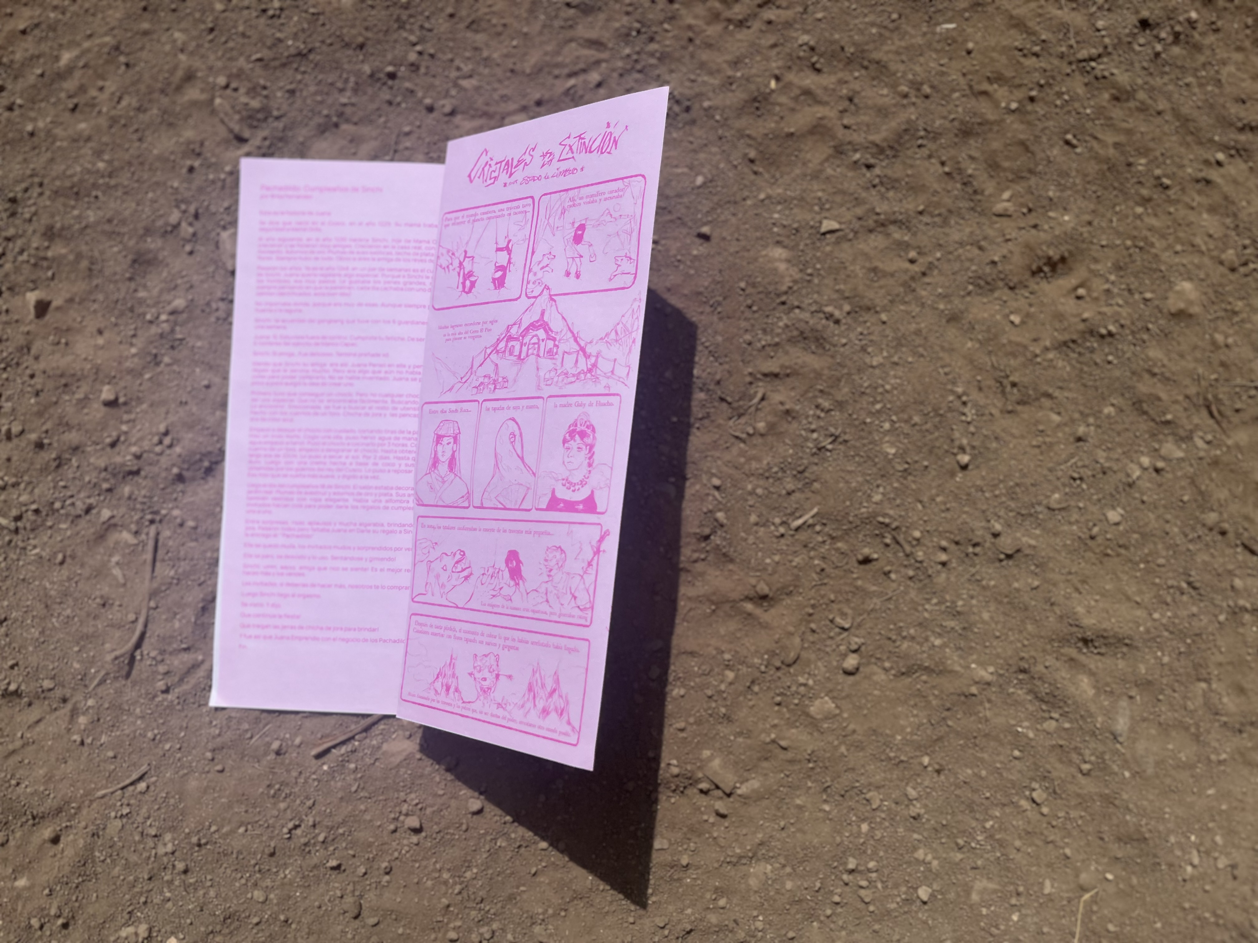 Folded flyer featuring the three myths written by La Alda, Brisa Fern&aacute;ndez, and Salo Tomoe, along with a comic strip by Estado de Limbo inspired by those myths