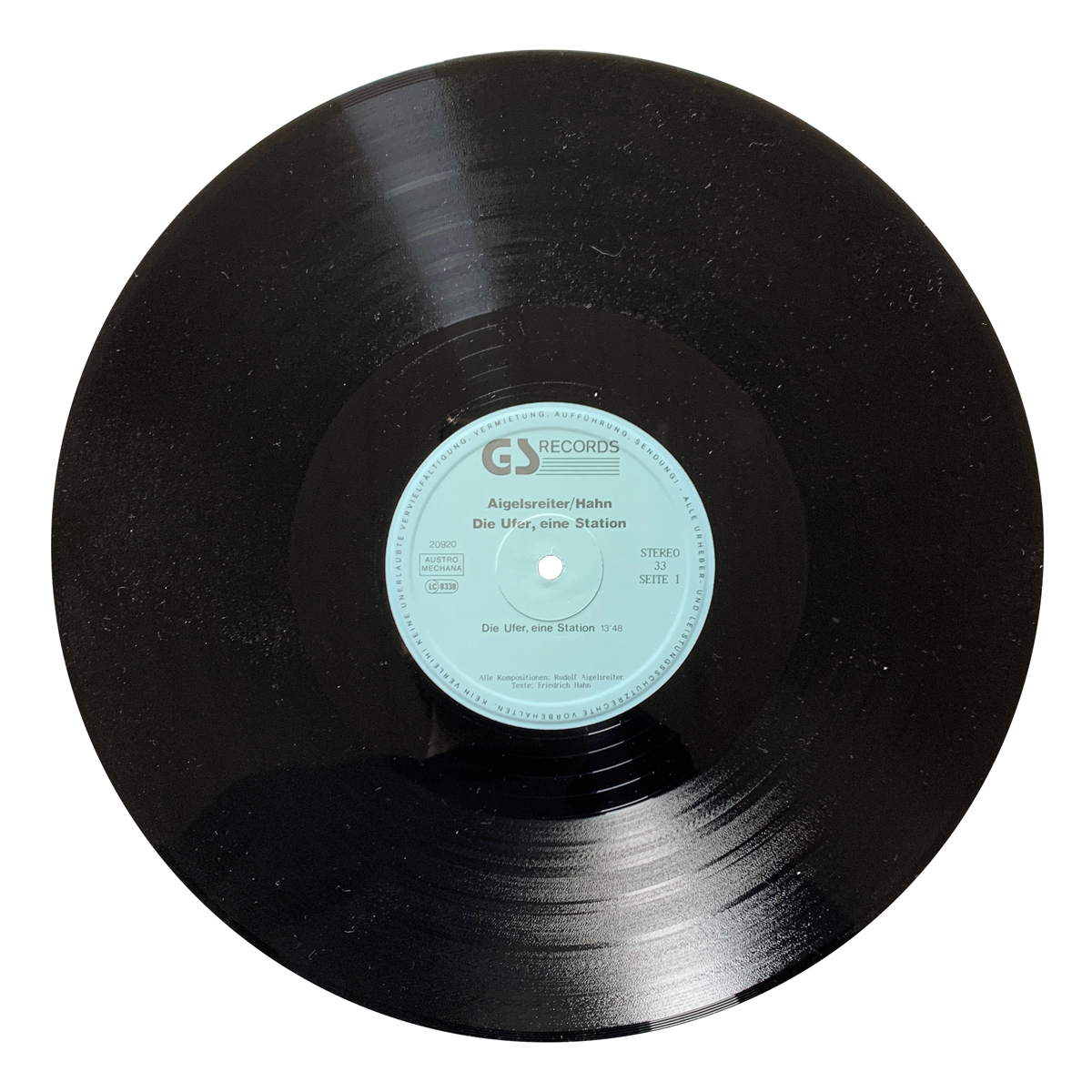 GS Records 20920 Rudi Aigelsreiter / Friedrich Hahn - Die Ufer. Eine Station.; Spuren weisser Kreide; MHH Georg Michael Sieger-Illavsky | Günter Thomasberger | Christian Roscheck | Irmgard Kieninger | Helene Harrer | Franzmichael Fischer | Gerd Schubert | Jacqueline Roscheck-Morard | Martin Lehnfeld | Maximilian Dobrovich | Ona B. Design: Friedrich Hahn (credited)