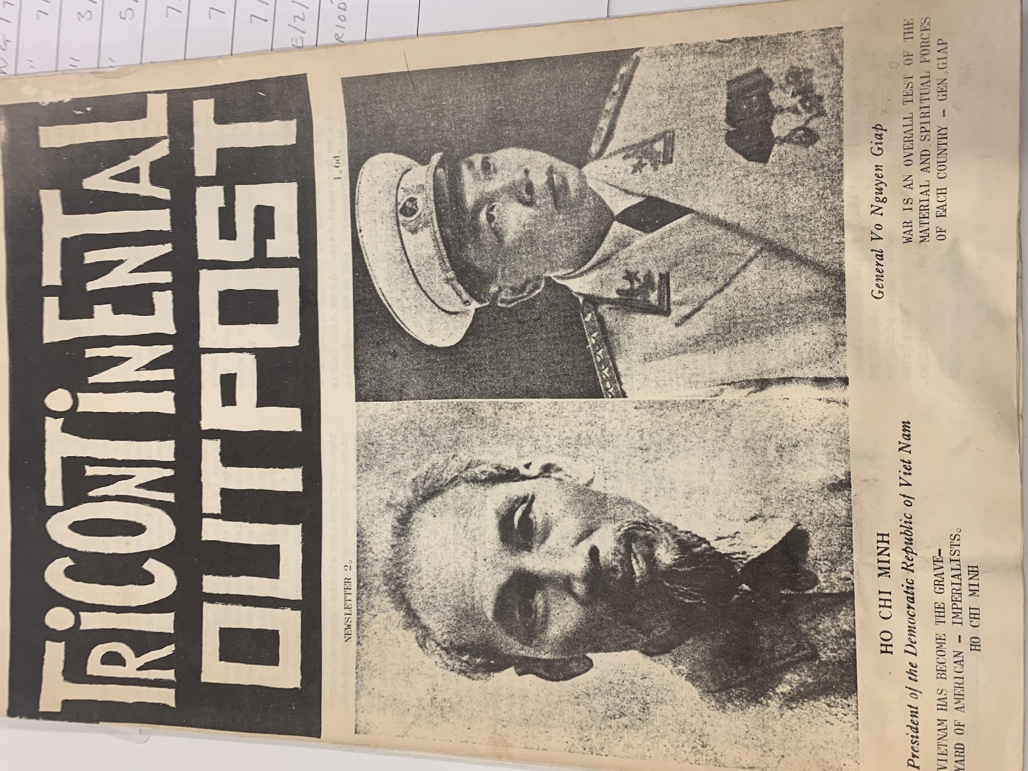 Tricontinental Outpost Newsletter 2, featuring Ho Chi Minh and General Vo Nguyen Giap.