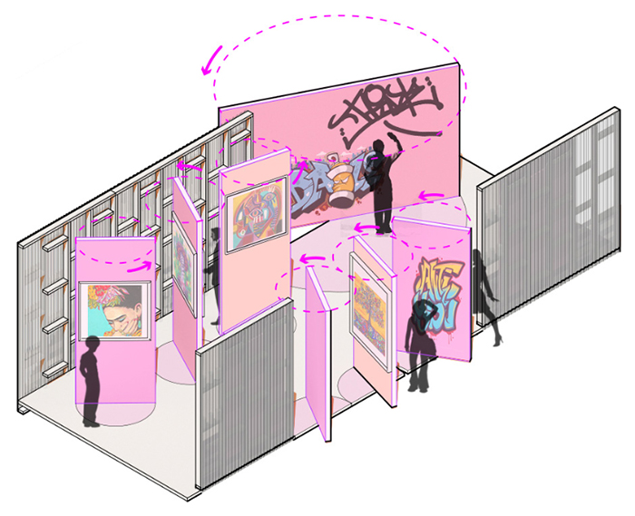 A gallery space allows for art to be hung from all different local artists. The light wood frame structure also allows for spray paint cans to be stored. Blank walls are provided to allow for anyone to spray paint.