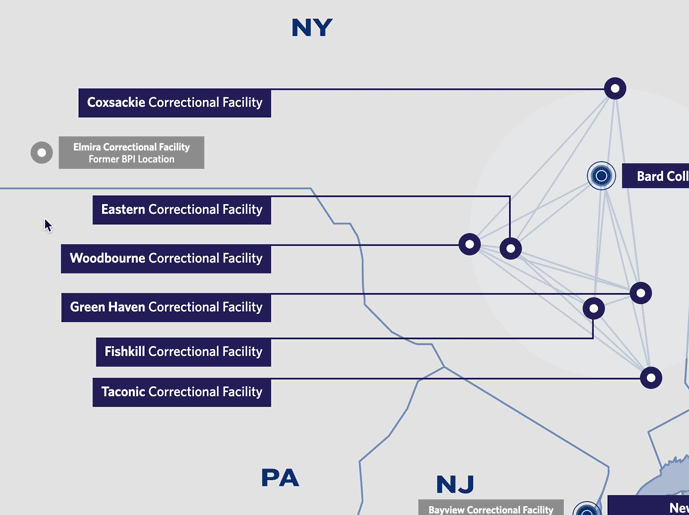 Hovering over a prison location reveals various BPI course and student statistics.