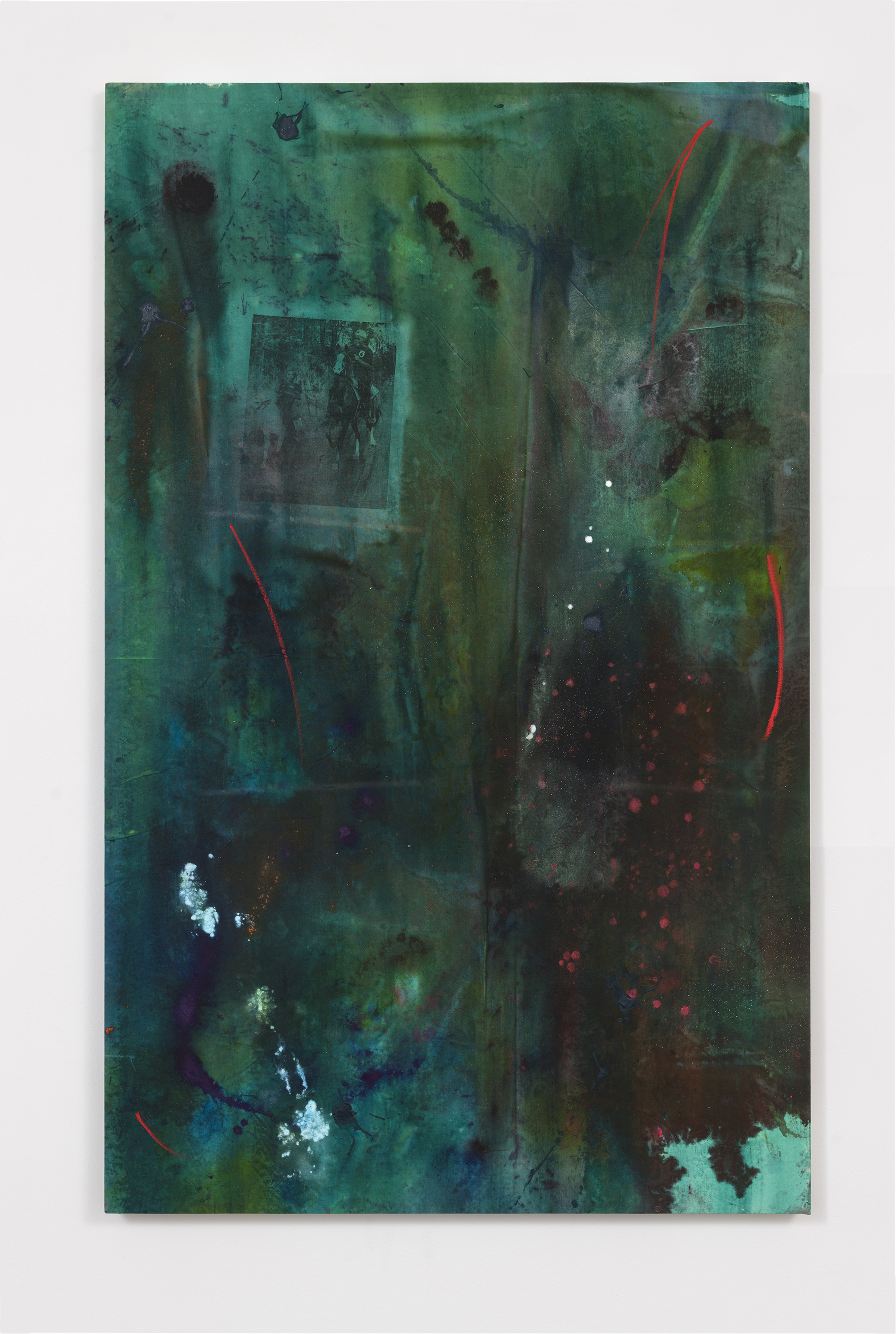 Darin Cooper, Hood Cowboys, 2022, Acrylic, lithography, ink, oil stick , glitter on muslin, 96.52 x 152.4 cm, (DC-010722)