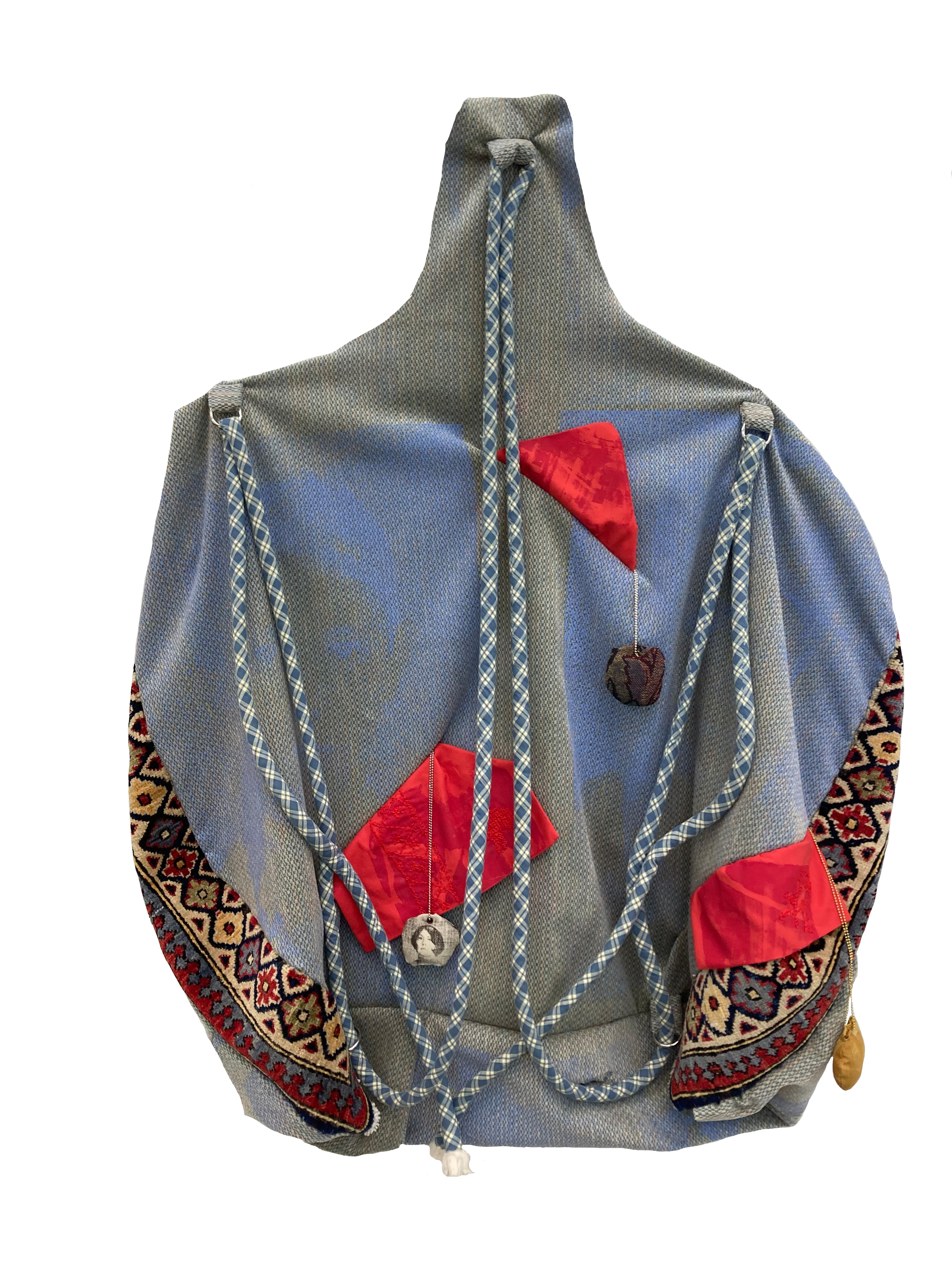 Tryzub, 2025, screenprint, fabric, rugs, grommets, and embroidery, 32 x 46 x 3 in