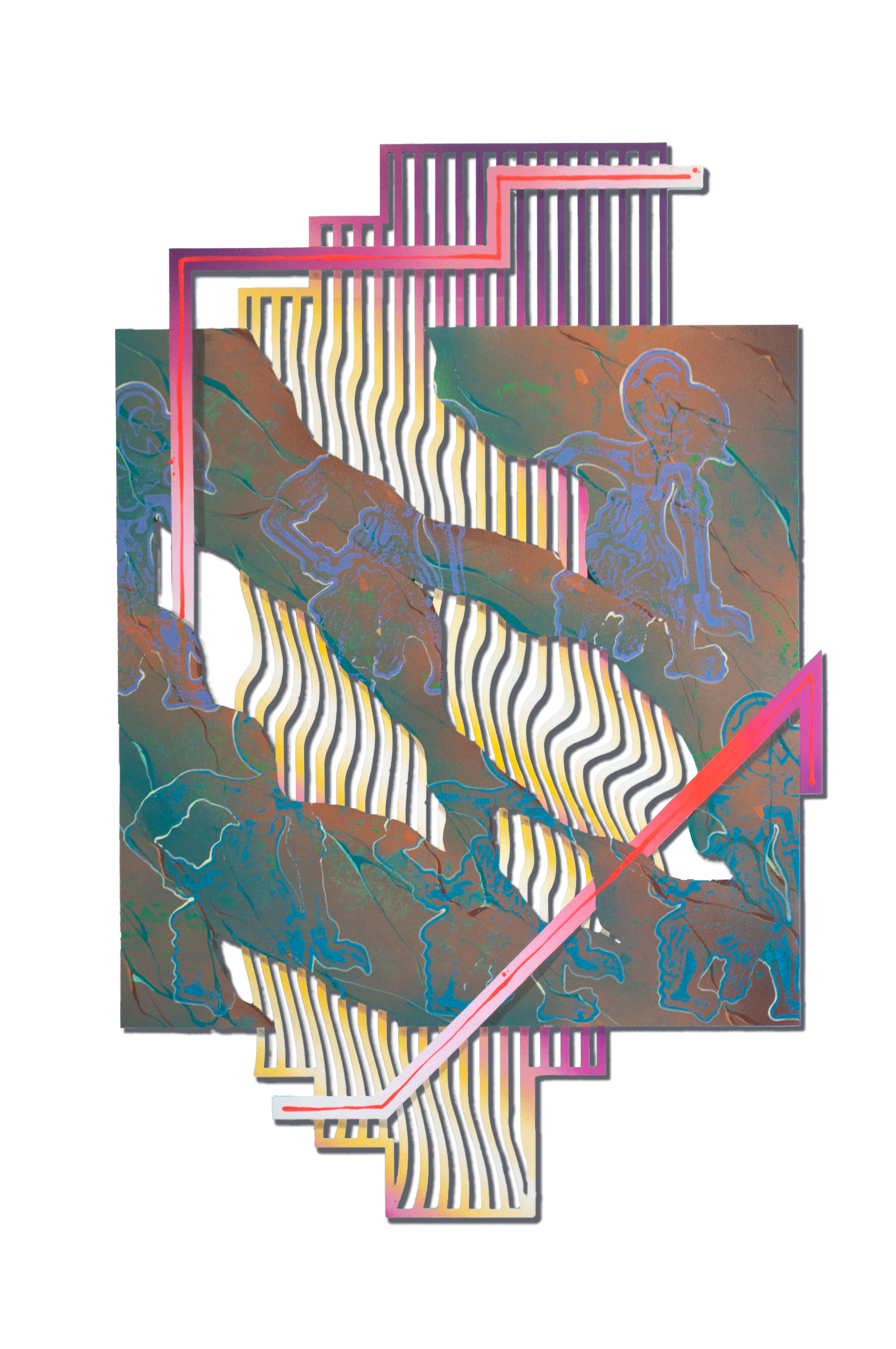 Stream | 2023 | Spraypaint, Acrylic, Wayang Stamp, Neoncolor, Varnish on MDF | 81 x 53 x 2,8 cm 2023