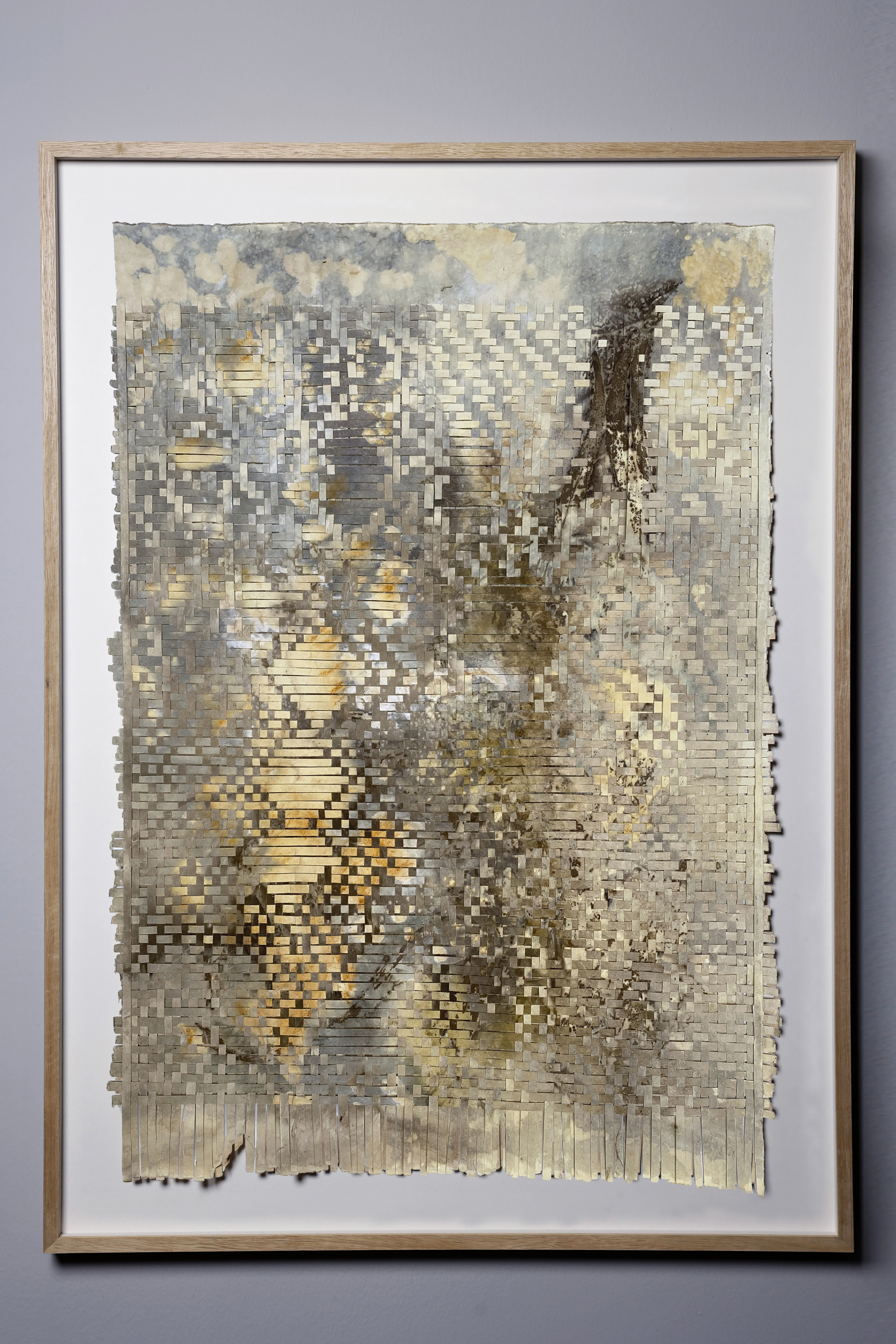 Ray of Light 01, woven painting, cotton paper, natural inks from from indigo, safflower and walnut, eucalyptus botanical print, 25.5’’x 35.5’’ (framed), 2021