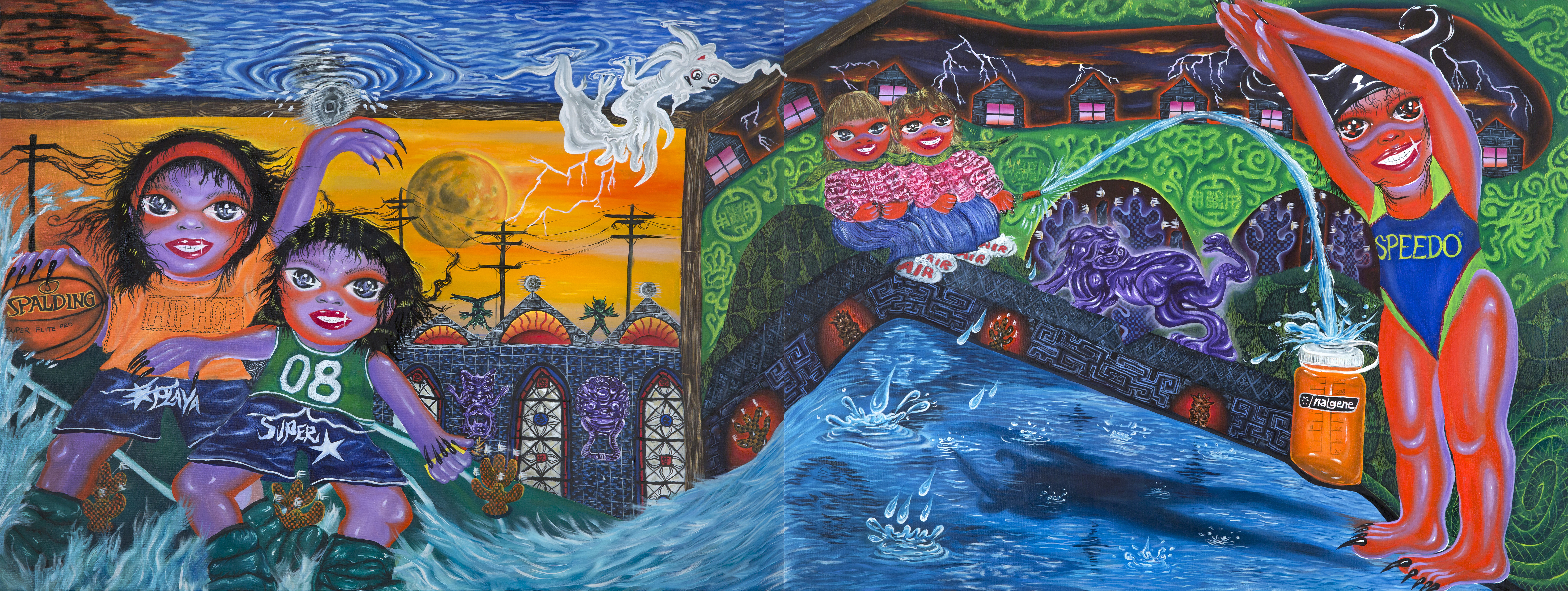 Jacquie Meng, Playing Fake Basketball Near the Town Hall // Claire and Genie watch me dive into Dickson Pool (2022), oil on canvas, 100 x 260 cm. Photography David Paterson.