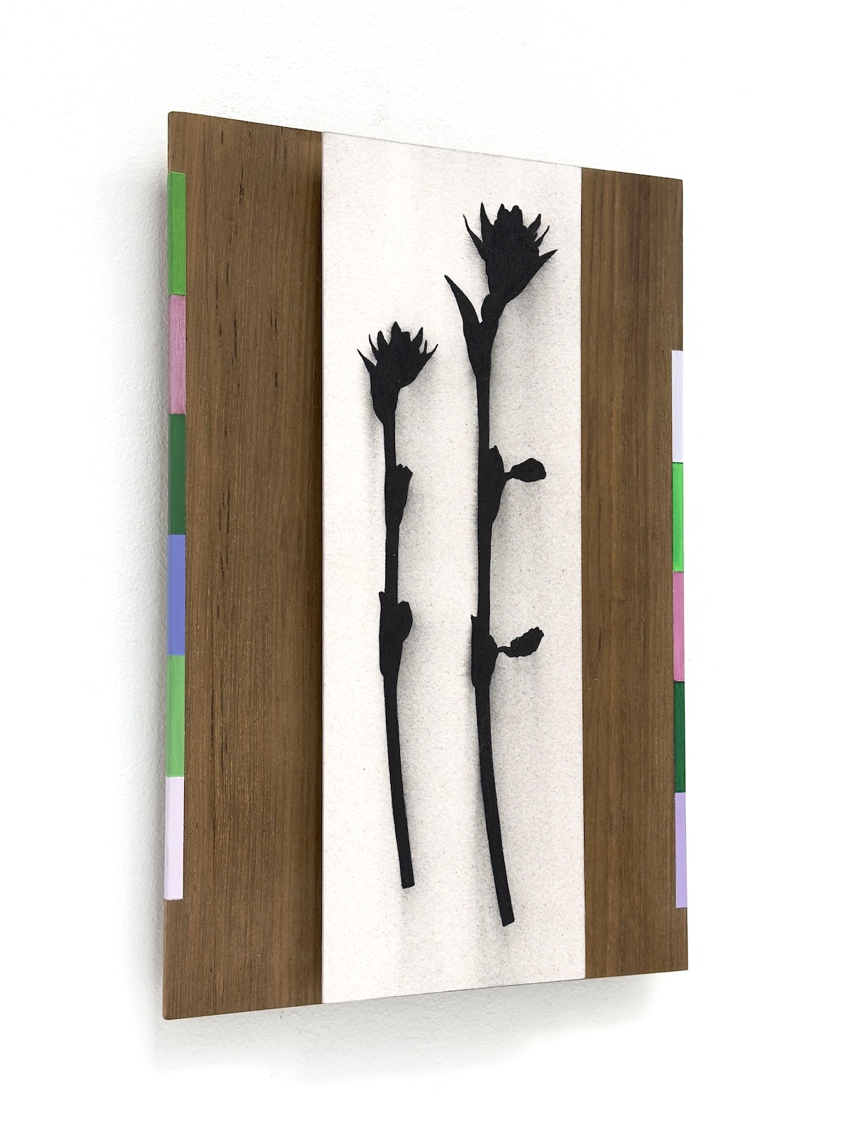 ‘Later is Now, so let’s take a walk again Lou!’, 2024, conté pencil and acrylic on paper/aluminium and teak wood panel, 30 x 20 cm, private collection.