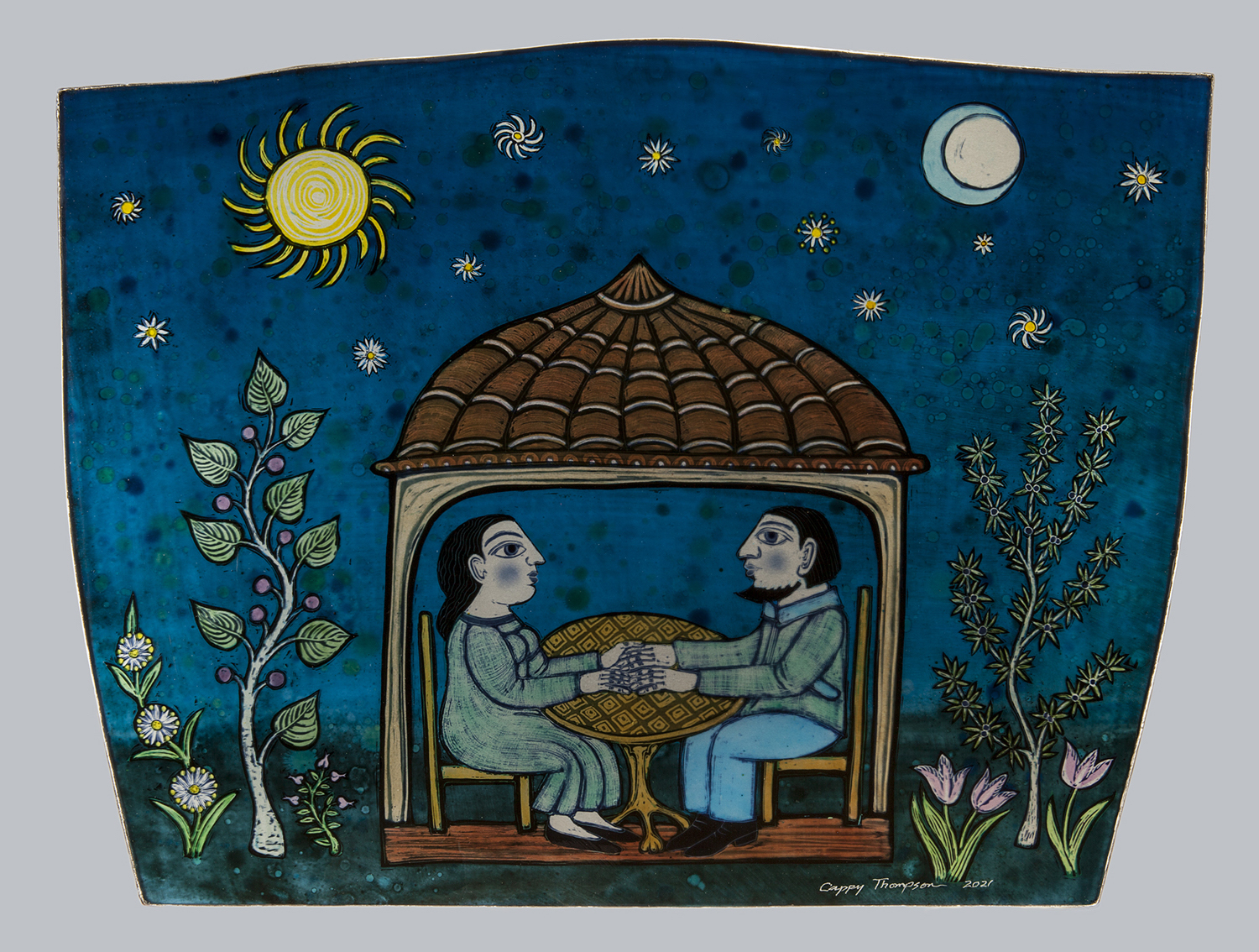 Love, 2021, Vitreous enamel reverse painted on glass, mounted over brushed metal panel, 21.75 x 28.5 x 2.5 in.