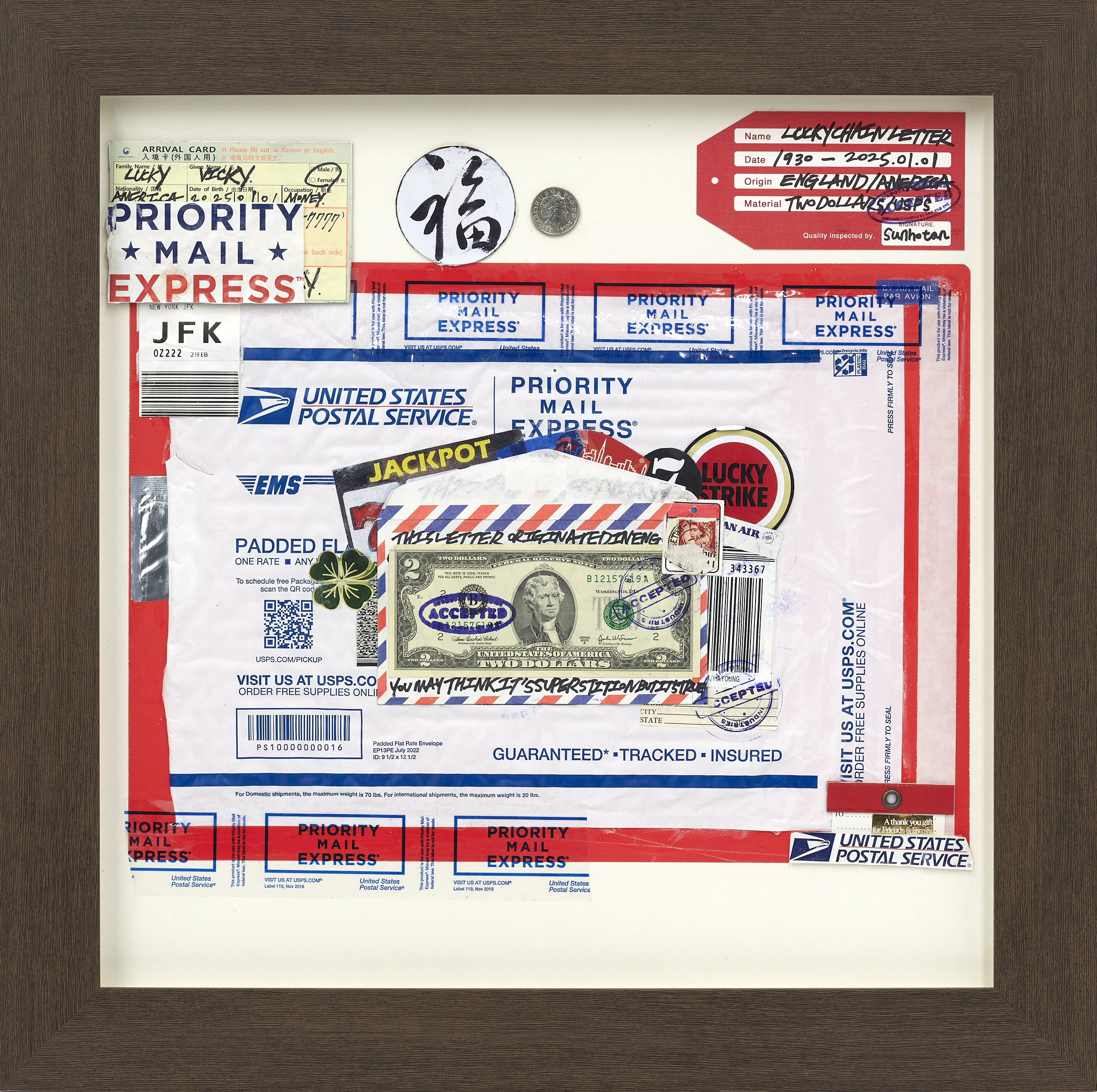 Lucky Chain Letter (2025), Mixed Media Collage on Wood Panel, 55.0 × 55.0cm