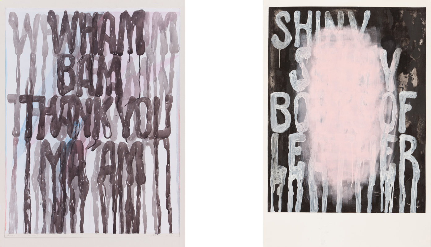 "Tribute 1", 2017, Acryl on paper, 120x80 cm - "Shiny Boots", 2014, Gouache and acryl on paper, 120x80 cm