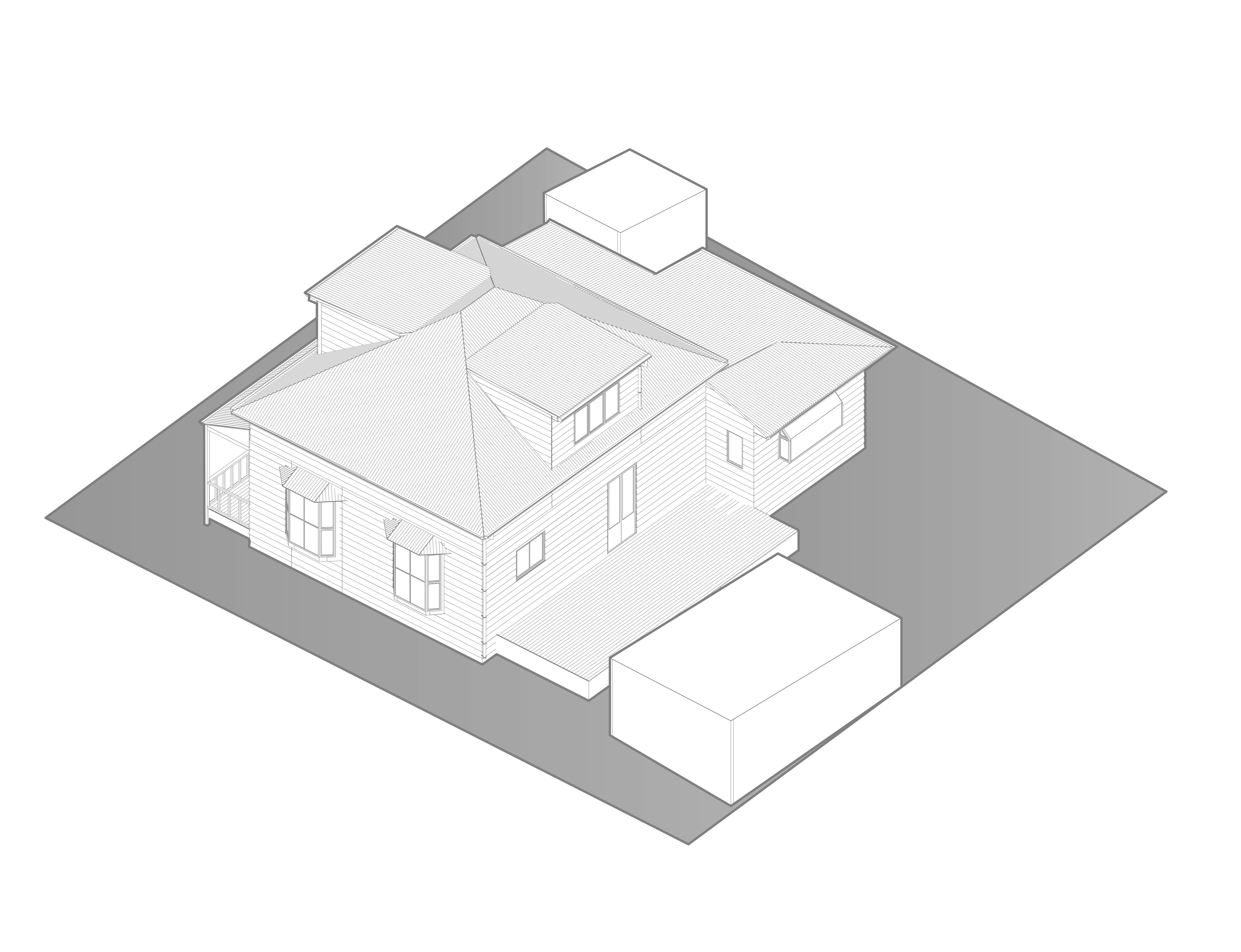 Existing Conditions ︎ The house as it stands today has been subject to a series of unsympathetic additions which detract from its original character. Dormers clash with the hip roof line, while small openings limit the ingress of natural light.