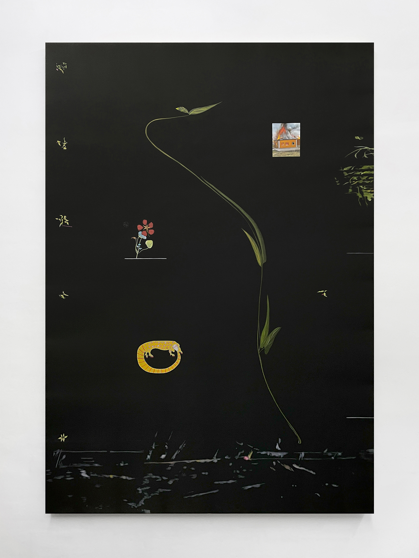 Untitled (Composition with the Maria Prymachenko Museum)Oil on nylon, 200x140 cm, 2023