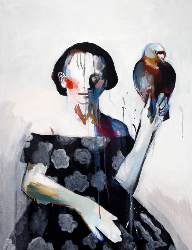 Girl with a pigeon, acrylic and oil on canvas, 90/70 cm