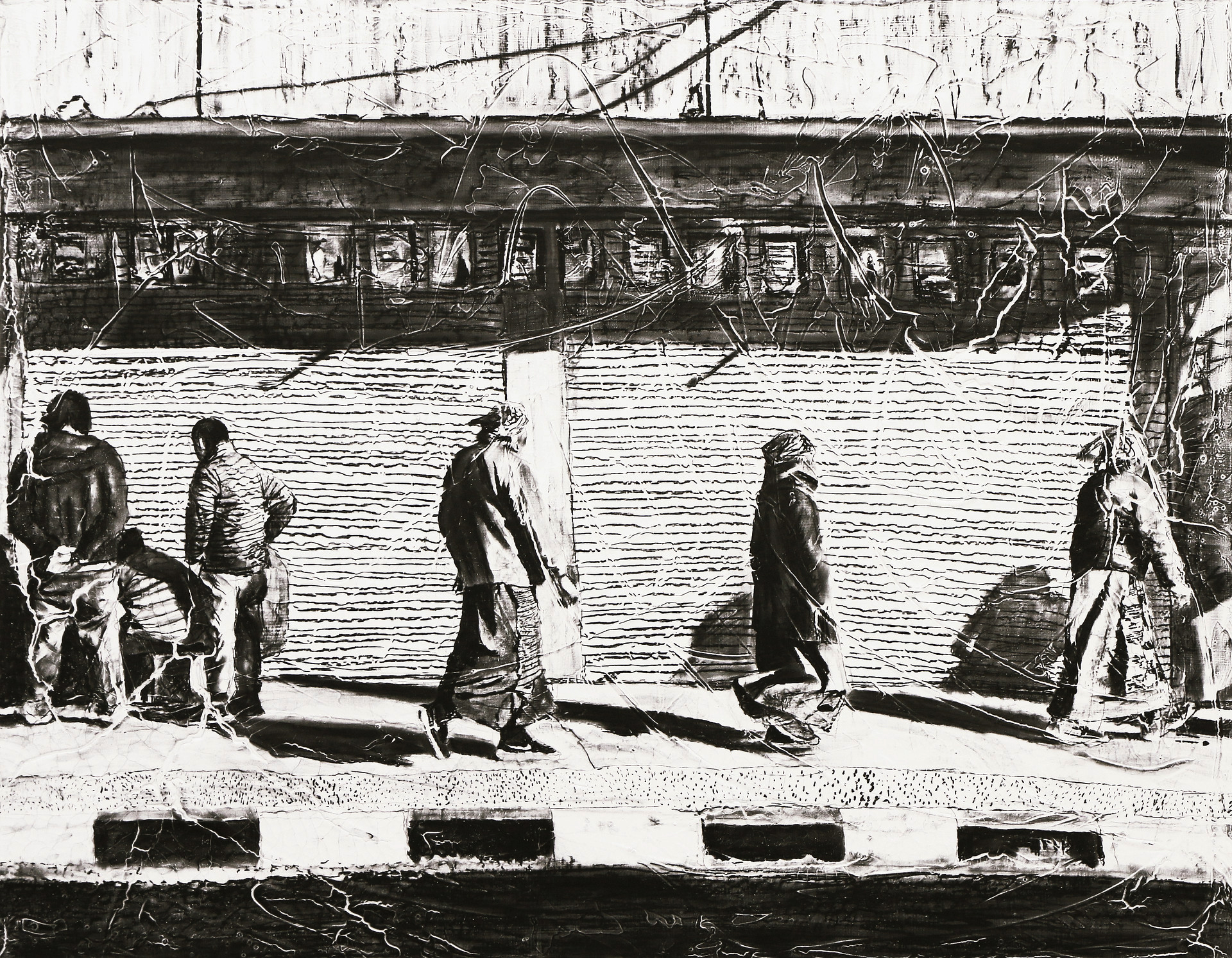 In Pokhara street, 2019, charcoal, industrial paint on abandoned canvas, 90.9*116.7(cm)