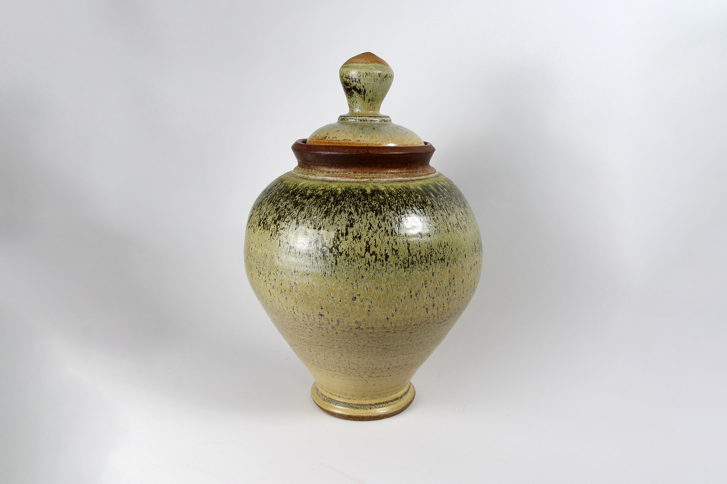 Vessel 1Dark brown stoneware, Tenmoku liner glaze, multiple over glazes, 20&rdquo;x12&rdquo;x12&rdquo; 2023