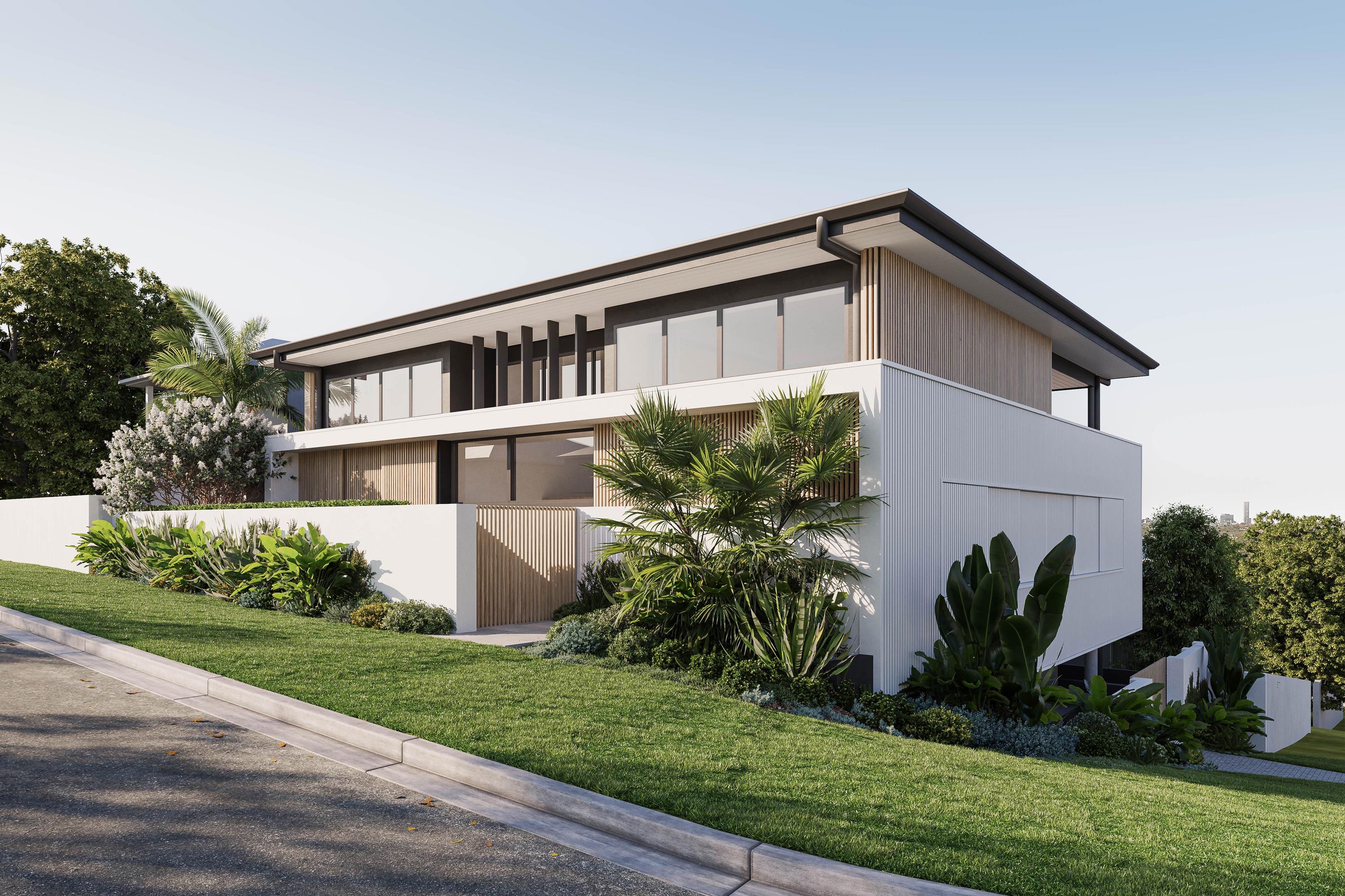 Corner view from the street to a modern home with outlooks to the Brisbane City skyline.