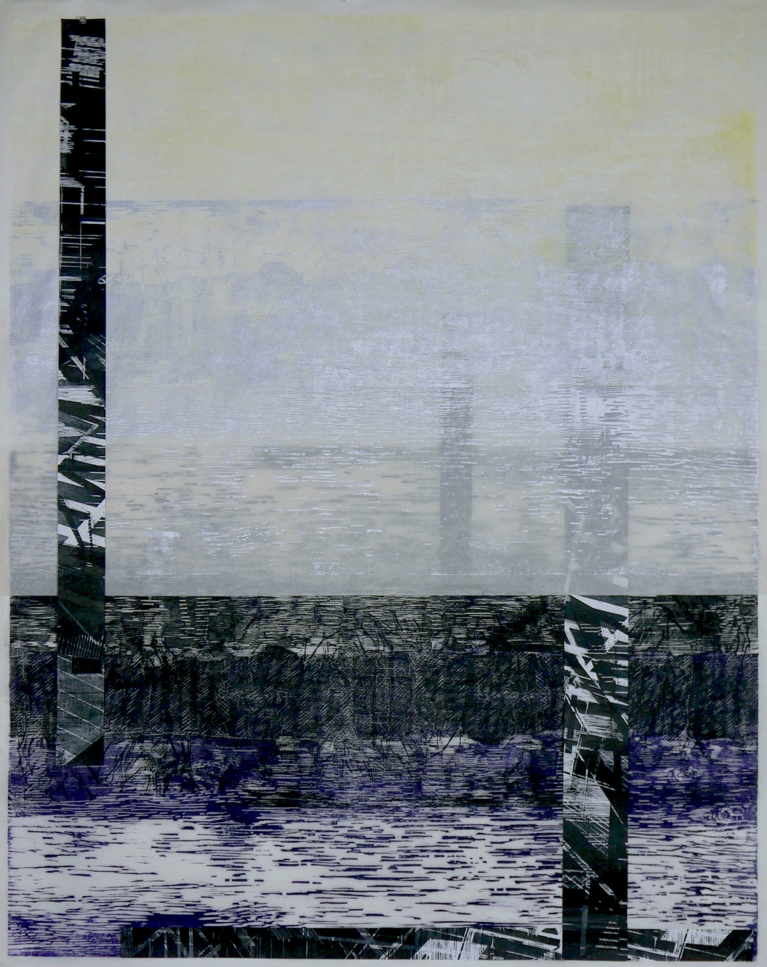 Tower 1, woodcut collage on Kozo and Kitakata papers, 60 x 45 in. 2019