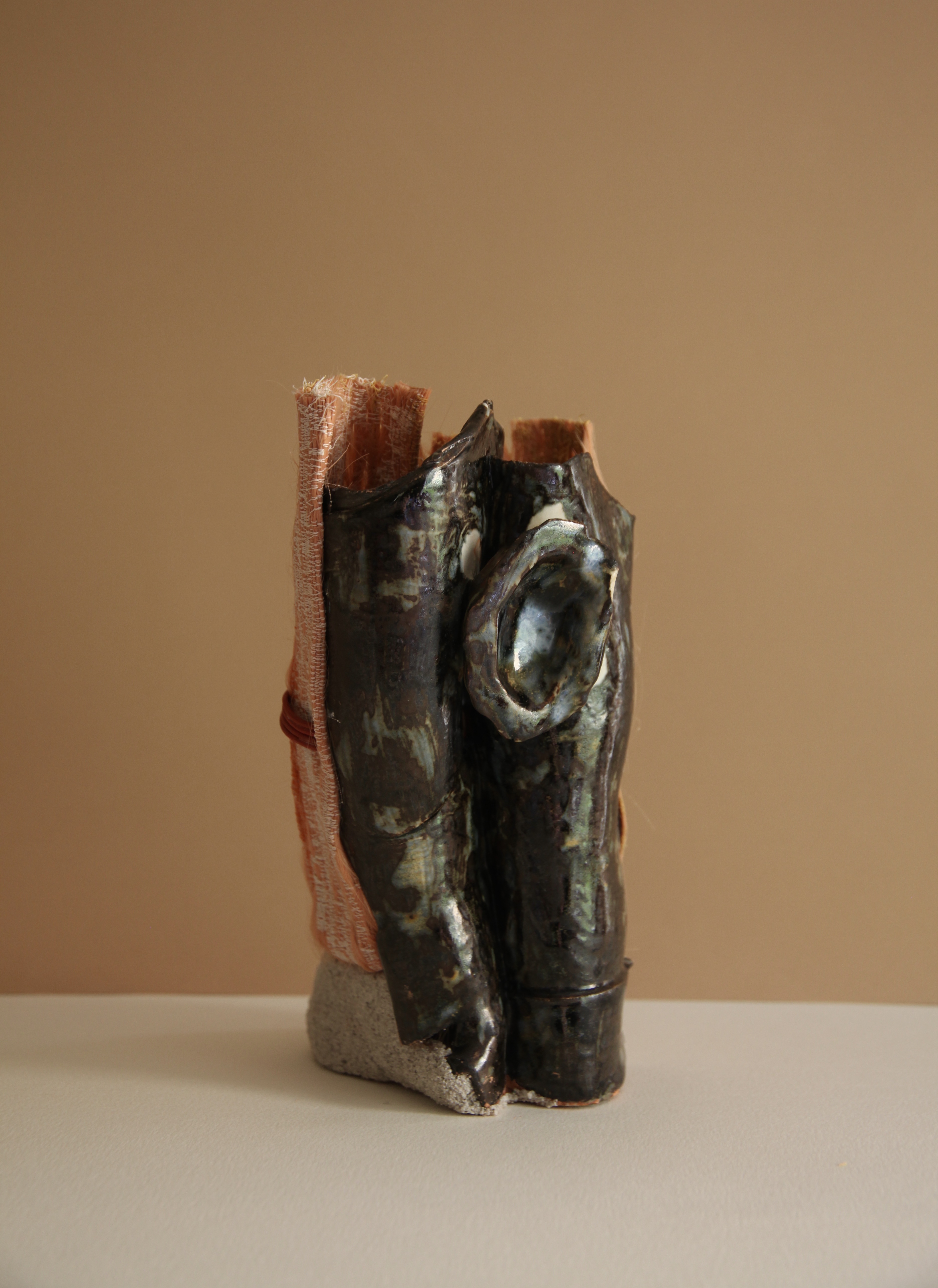 Vessel 6 10cm x 25cm, synthetic hair, cotton, glazed stoneware 2020