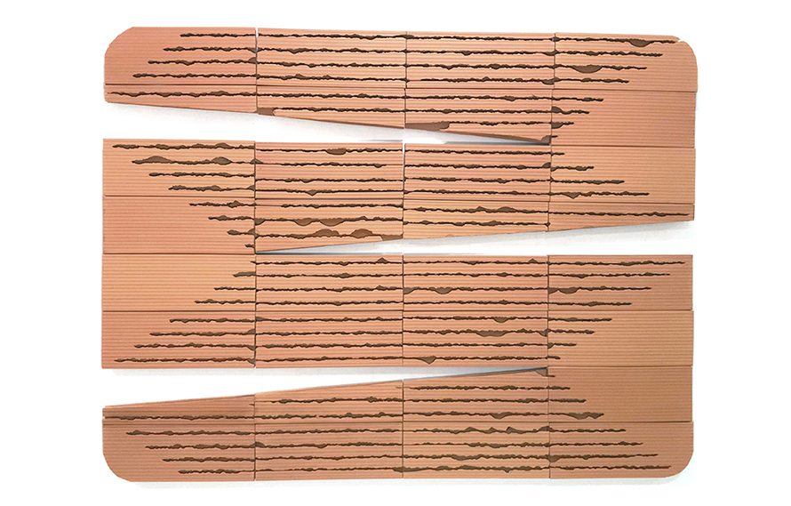 Edge, Line, Limit, 2018. Wall installation. 32 perforated clay bricks, 150 x 198 cm