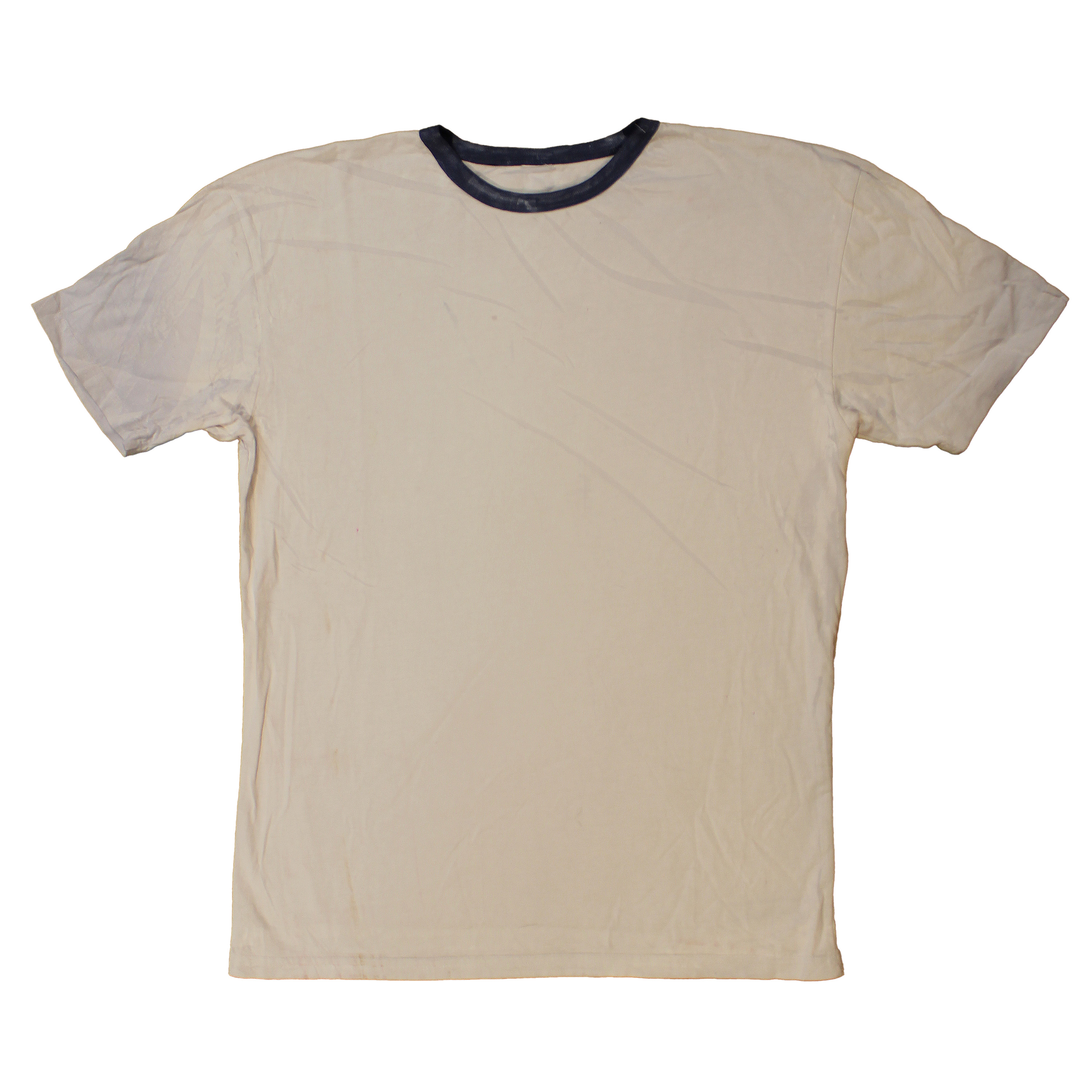 reclaimed vintage deadstock 70s ringer tee allover printed with dye. creases are unpredictable and vary from tee to tee. 