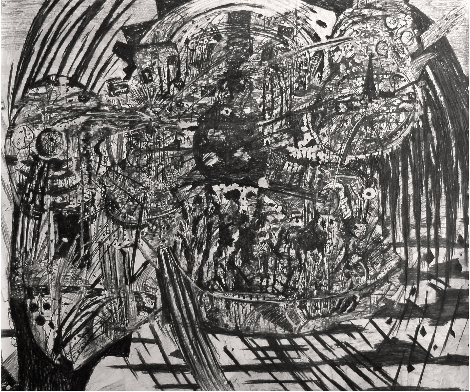 "World Exploding", 2017. Charcoal on paper, 150 x 170 cm