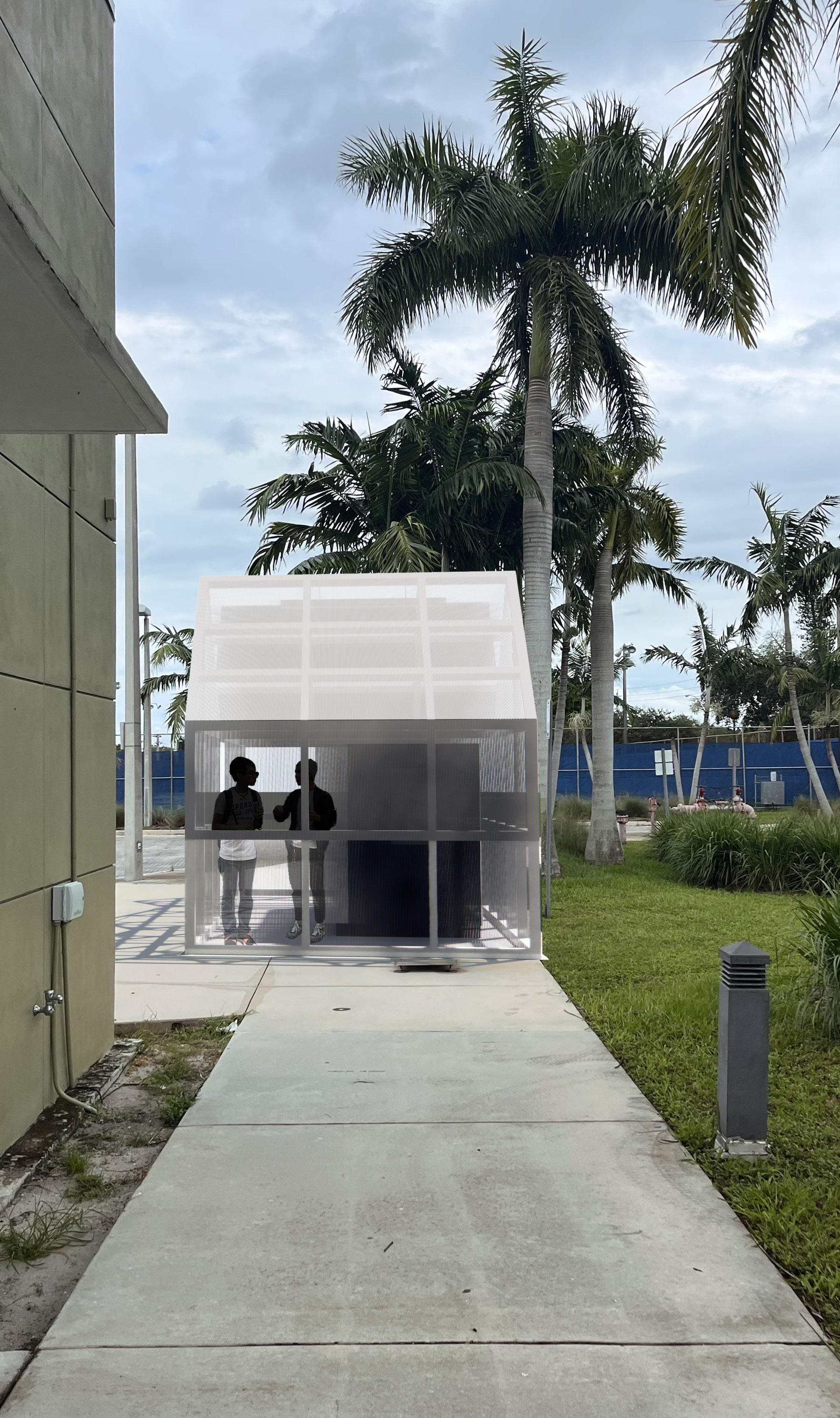 From all the sides the polycarbonate panels shield from the harsh sunlight the interior of the library. At the bottom the clear panels alert from the exterior any use happening inside.