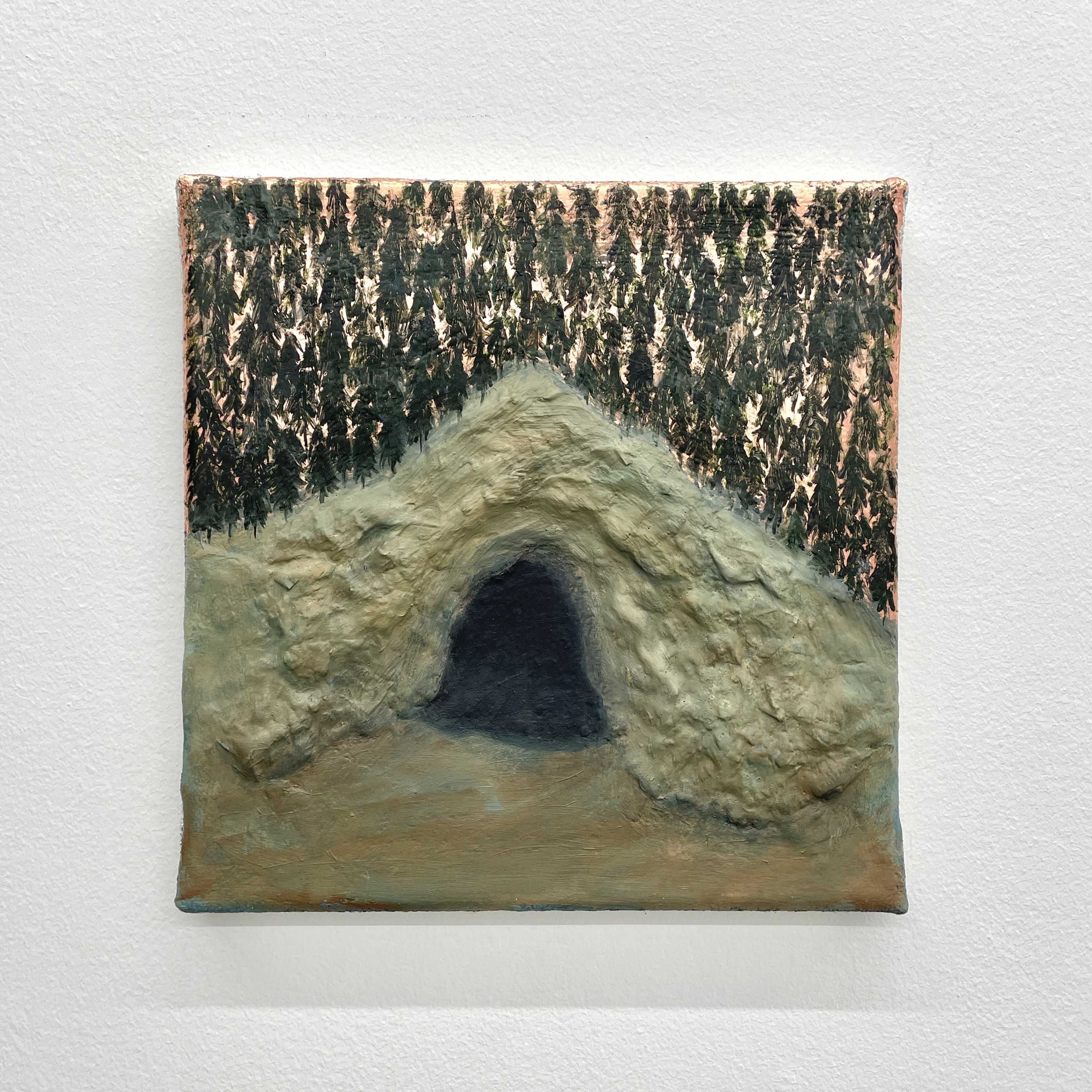 Copper Landscape Series: Under the Ground, Over the Sea, No.1, 2022, 30x30cms, copper leaf, oil, papier mâché, and gesso on jute
