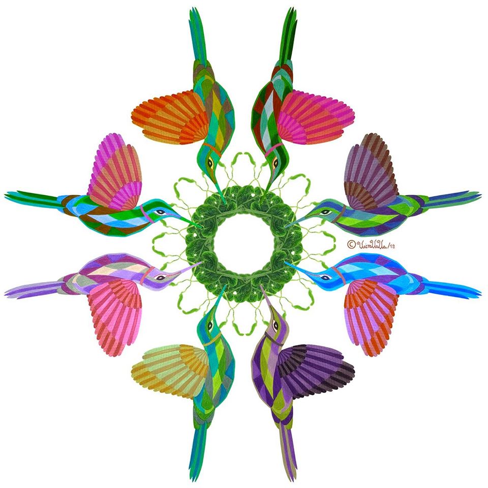 8D Bogotá. Kindi Takiy. Cantar de colibrí. Intervención fotográfica / 8D Bogotá. Kindi Takiy. Hummingbird singing. Photographic intervention. 90x90 cm. 2019.