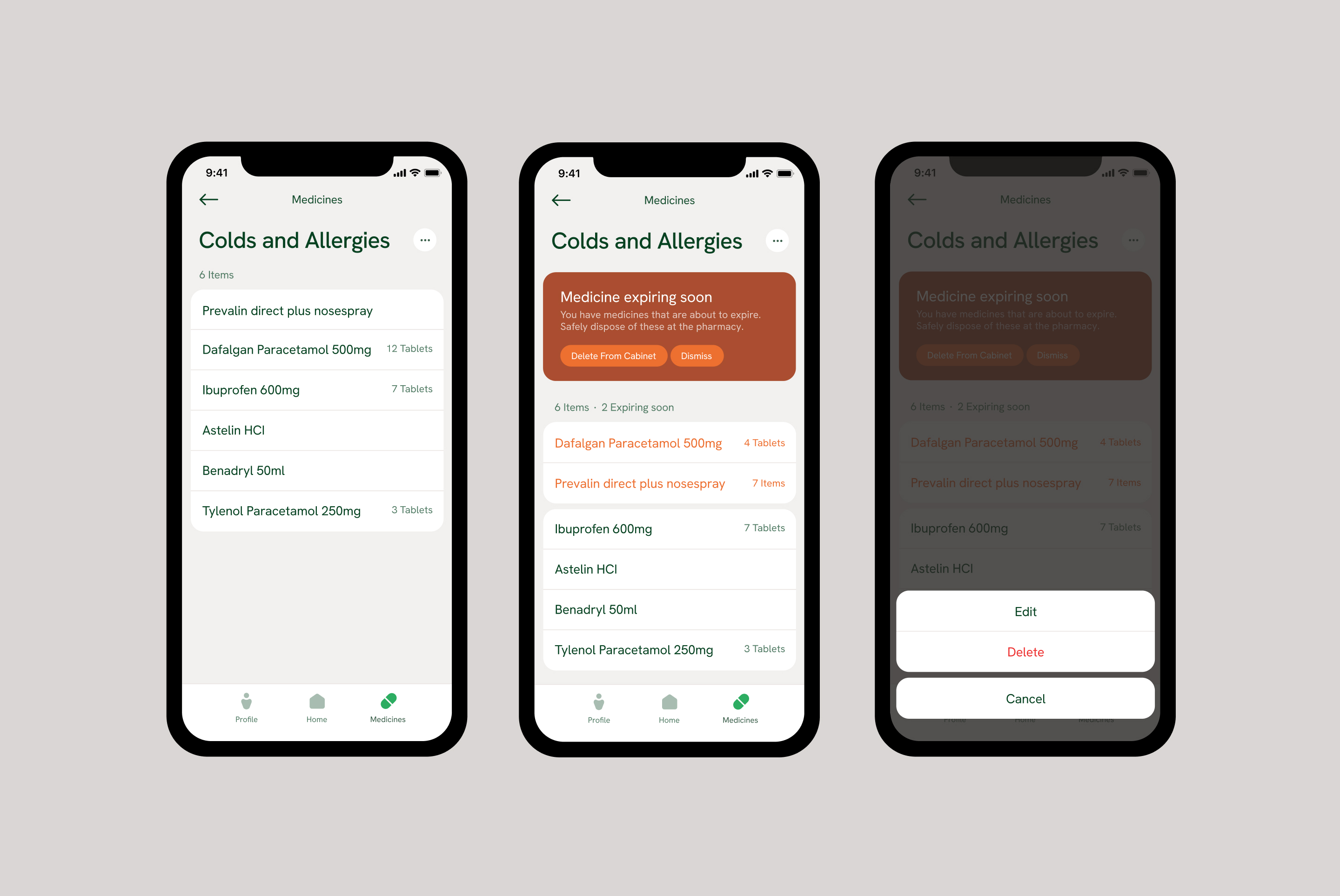 Users are able to keep track of quantities and expiry dates as well as make lists to make management easier. Medicines received via a prescription are automatically added to the medicine cabinet.