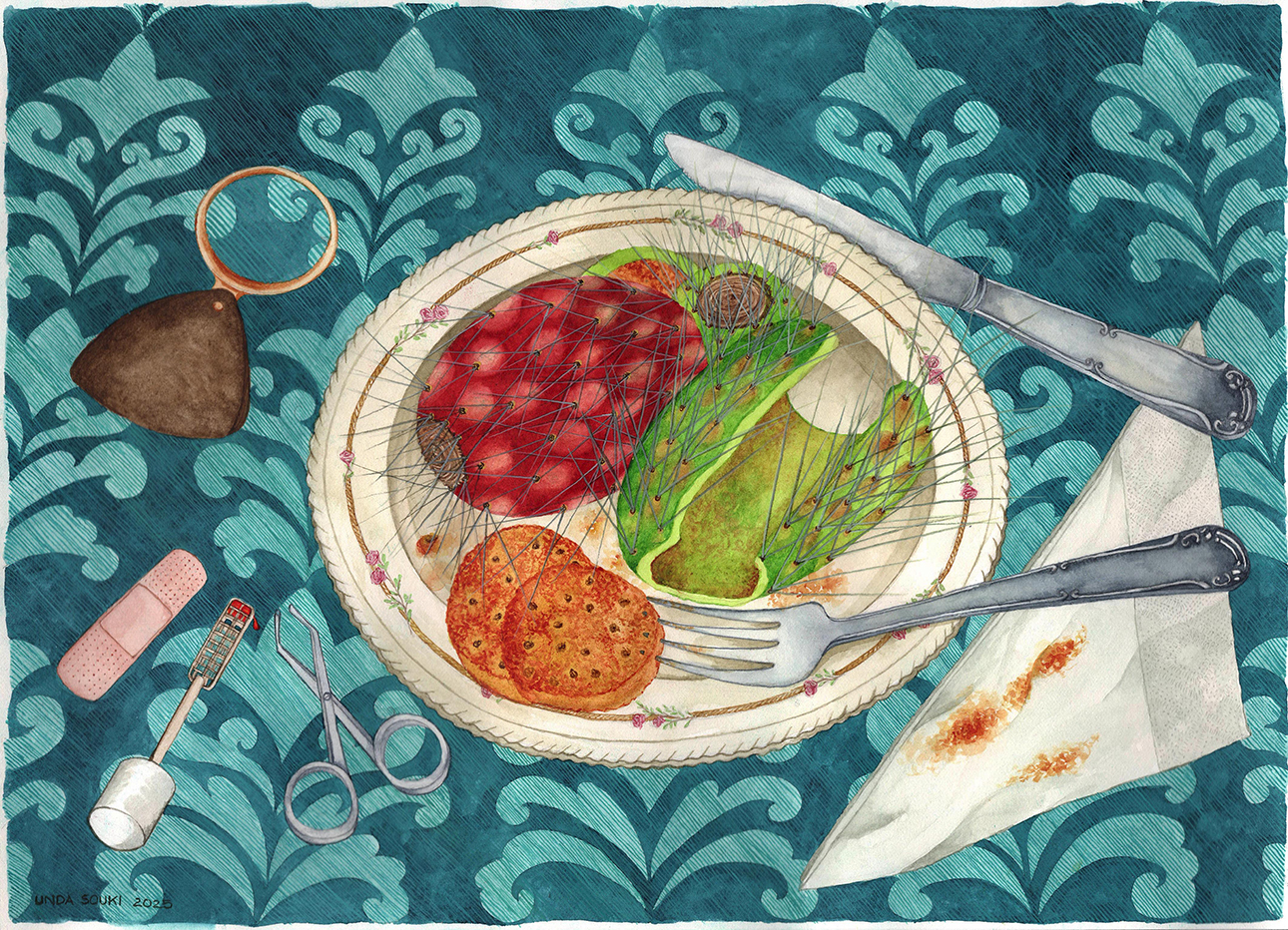 Rosa Maria Unda Souki Leccion de tunas, 2025 Aquarelle et gouache sur papier 26 x 36 cm Courtesy de l'artiste et de Dilecta