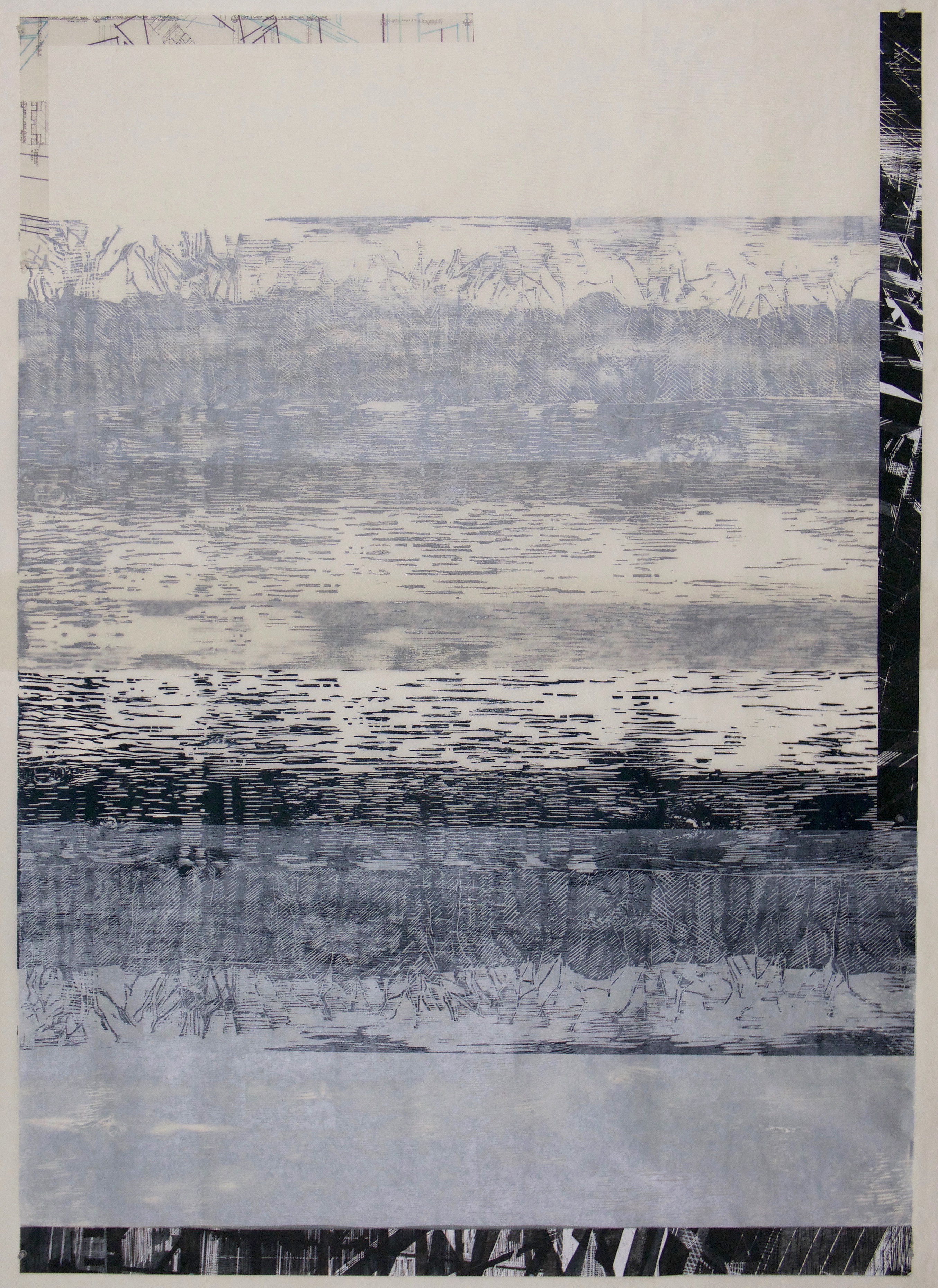 Tower 2, woodcut collage on Kozo and Kitakata papers, 60 x 45 in. 2019