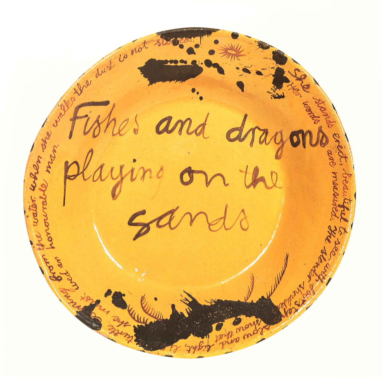 Fish and dragons playing on the sands, 19.9.1991Glazed ceramic stonewareDiameter 25.5cm