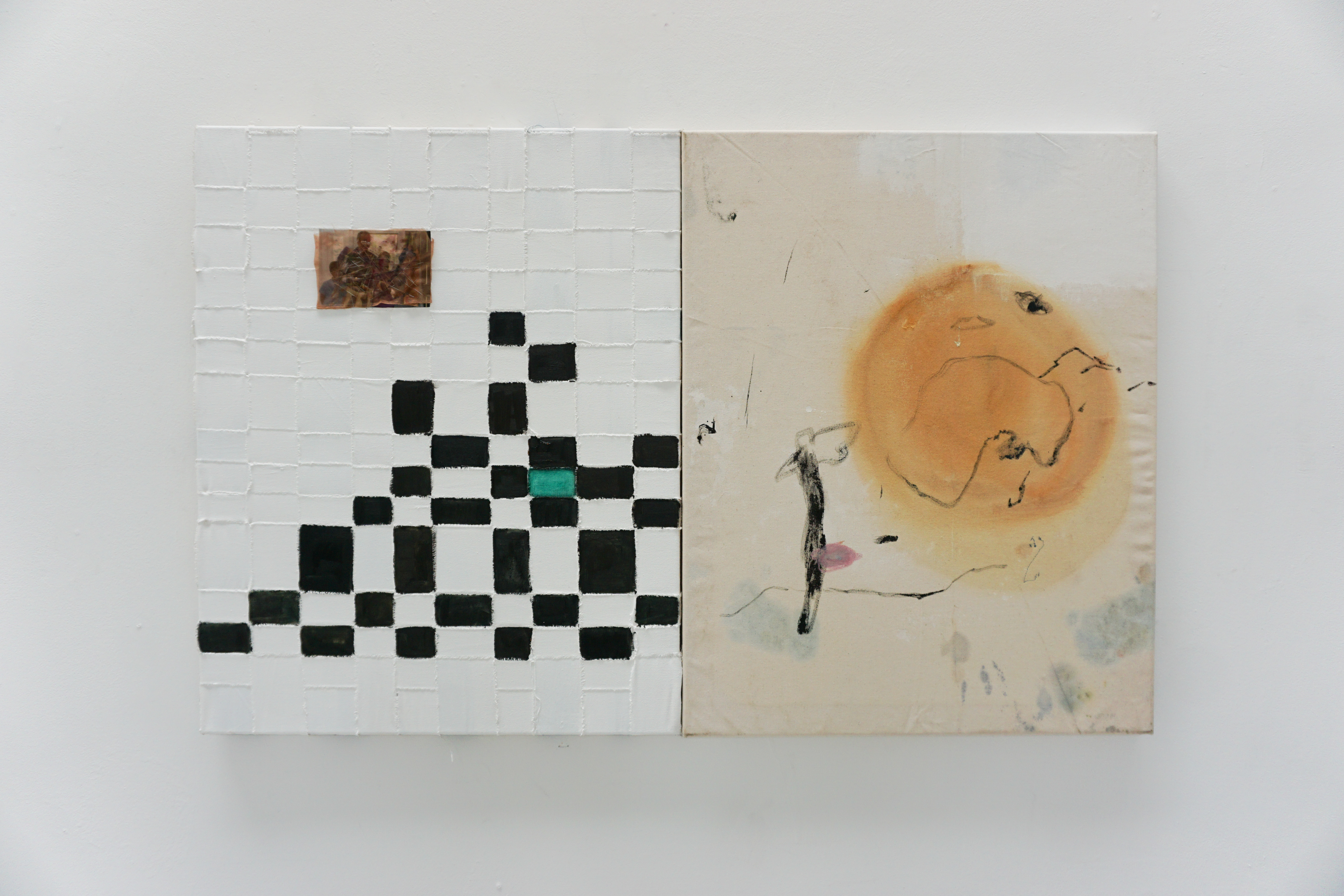 But Both are Sensitive; oil, ink, photograph, dyed silk, and thread on canvas