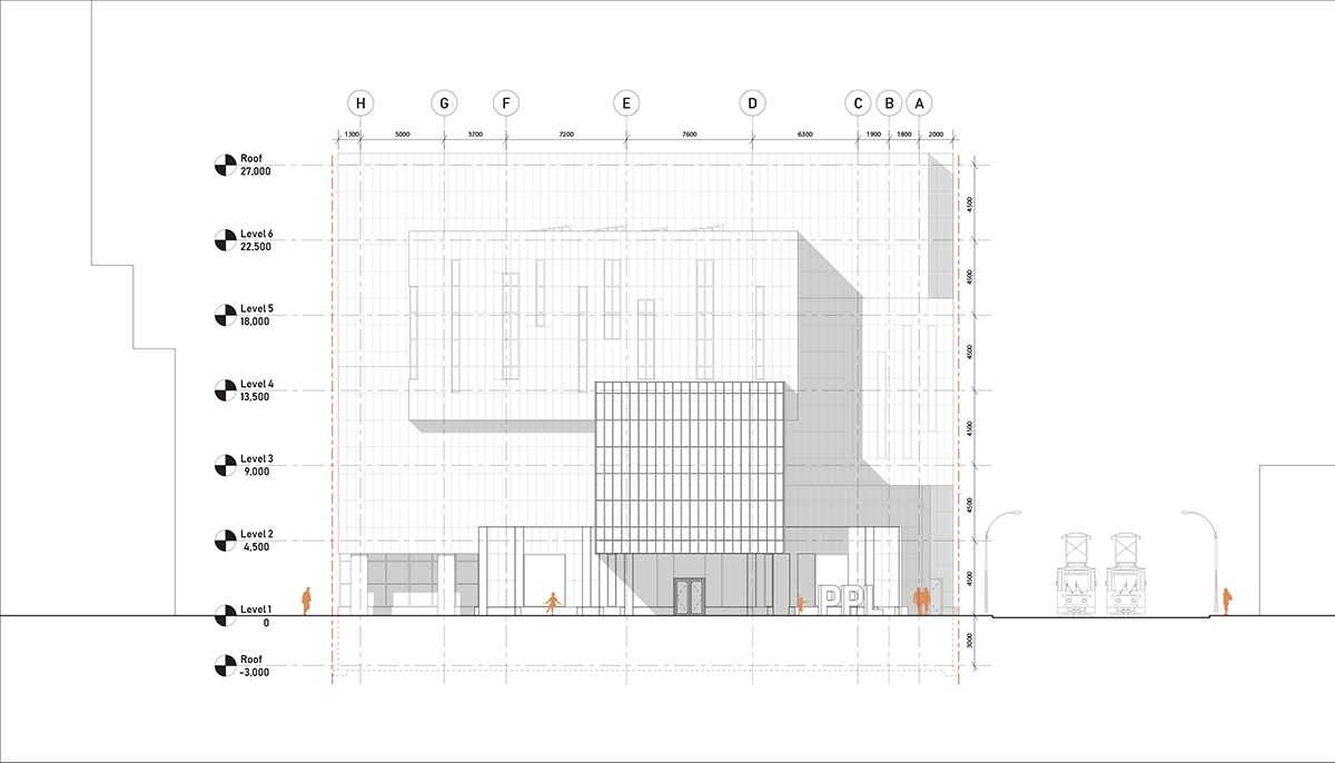 Sectional Perspective through the building’s main axis/atrium