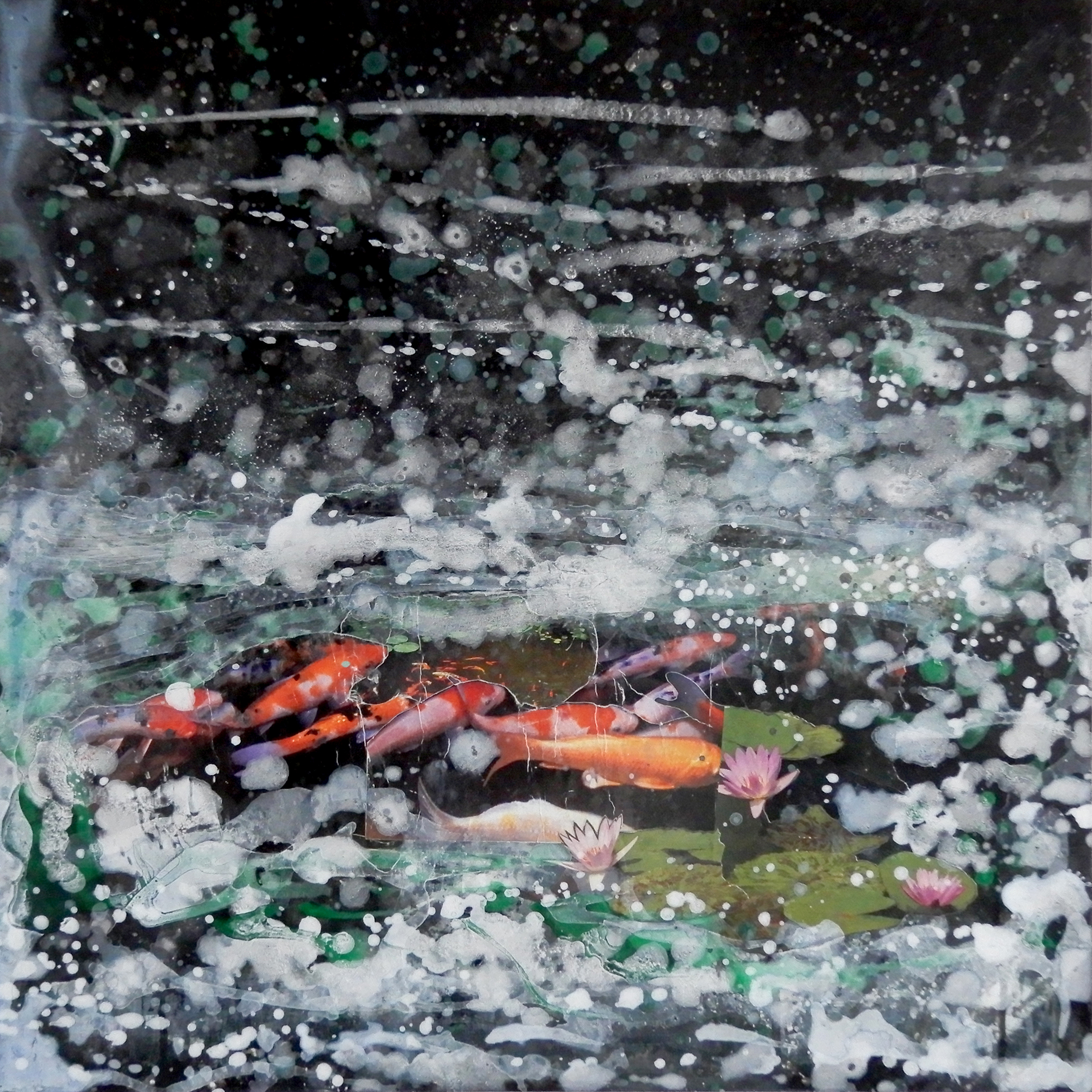 Koi Fish, 24 x 24 inches acrylic, enamel, hot-pressed foil, iridescent ink on wood panel $350