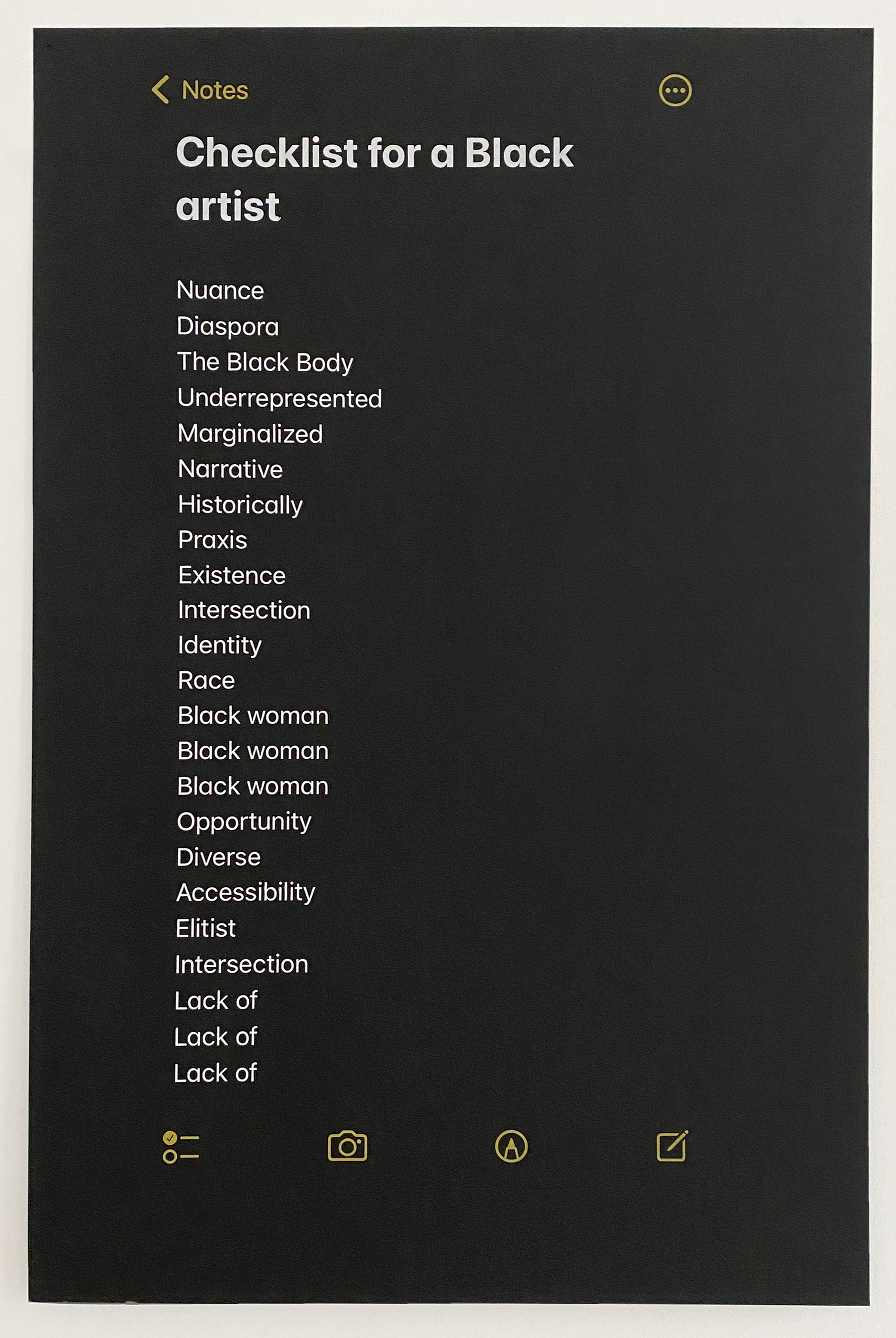 Tara Fay Coleman, iPhone Note (#1), 2022, screen print on paper, 40 x 26 in. (101.6 x 66 cm.). Edition of 3.