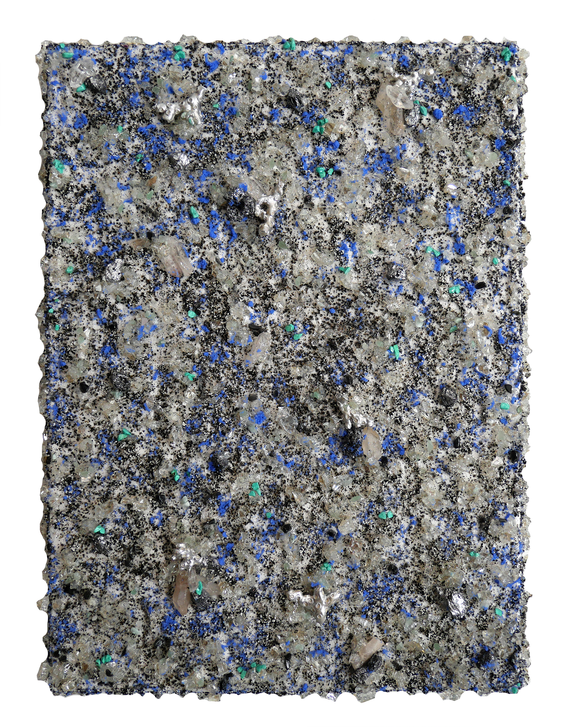 When the Sea Withdrew; Blue quartz aggregate, mica flakes, sand, magnesium, glass, pumice, turquoise, crystal quartz, and coral on canvas, 12”x16” *SOLD