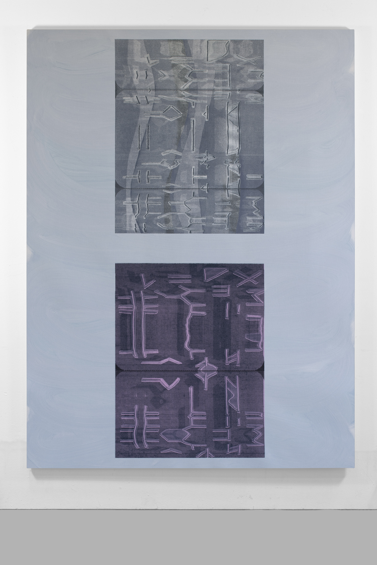 California Case, (Lowercase), 2021, acrylic and screenprint on canvas, 72 x 56 inches
