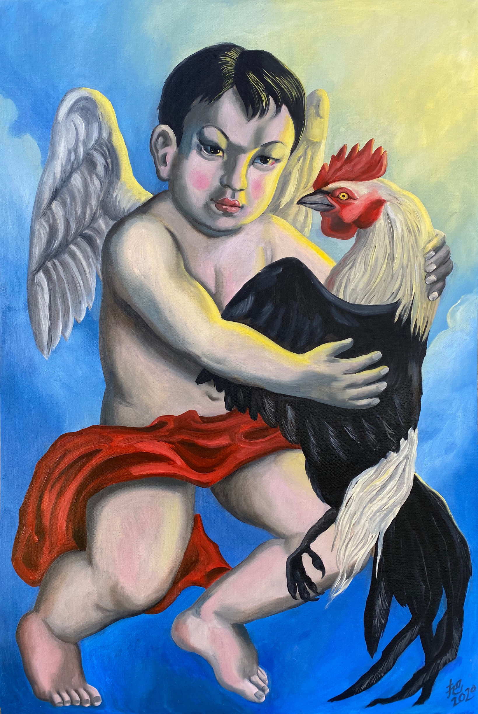 Cherub Raising a Cock into the Sky, oil on canvas, 36x24” (2020)