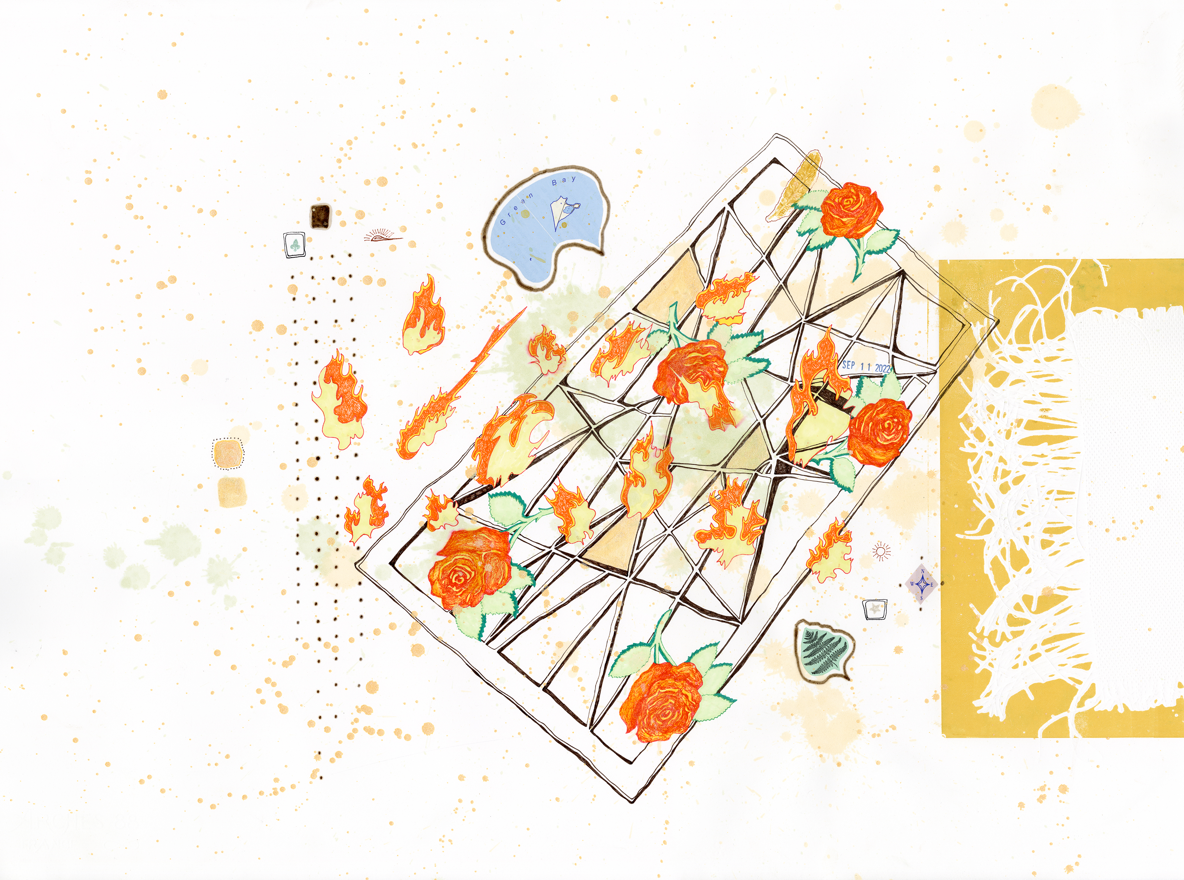 Drawing 29/56 from 56 days at the Dome House 22.5 x 30 inches, ink, Chine-collé, etching and stamps on Arches 88 paper - BUY