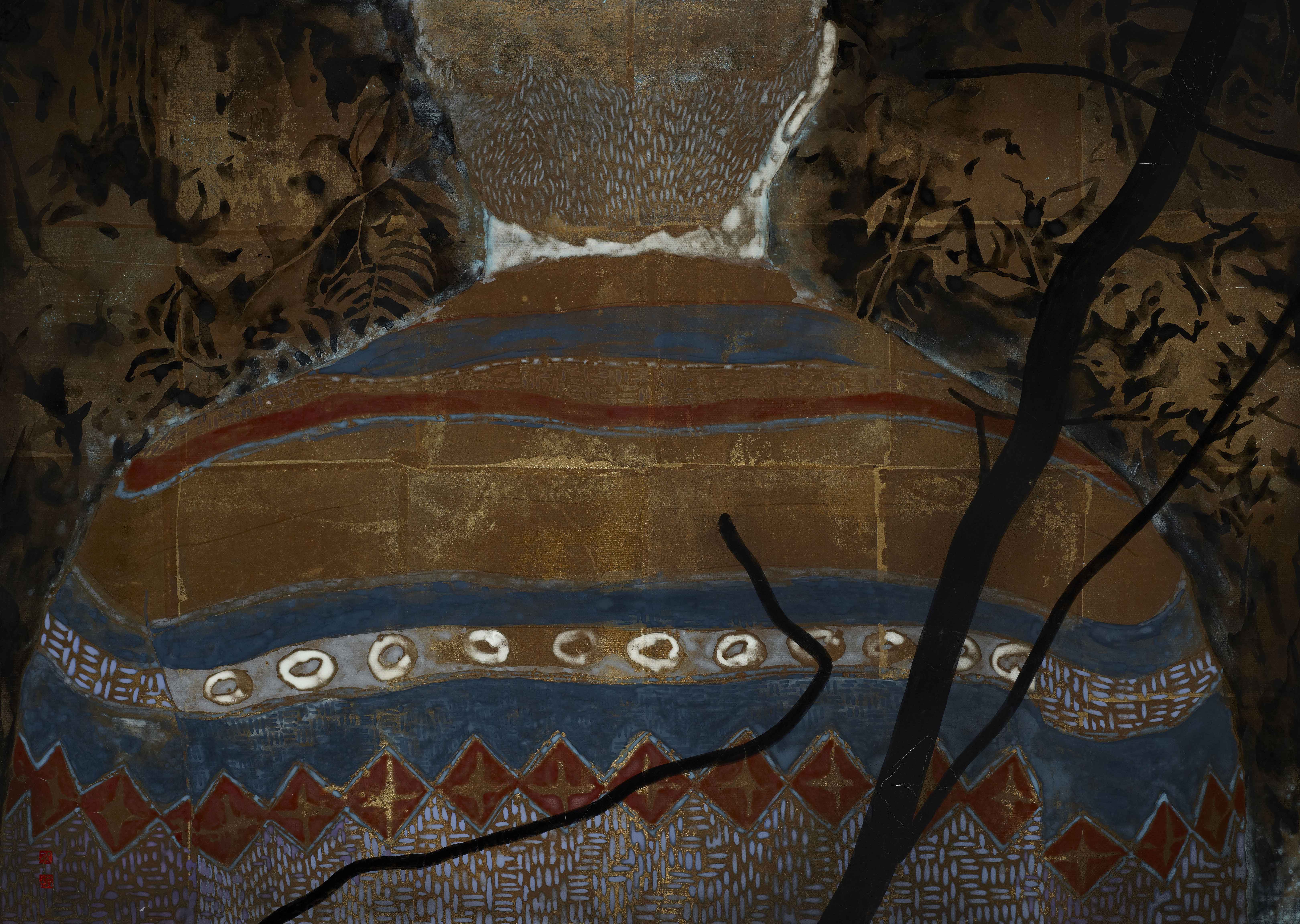 Landscape#7, 2016, mineral pigment, ink, metal foil on canvas, 50x70cm (19.7x27.6 in)