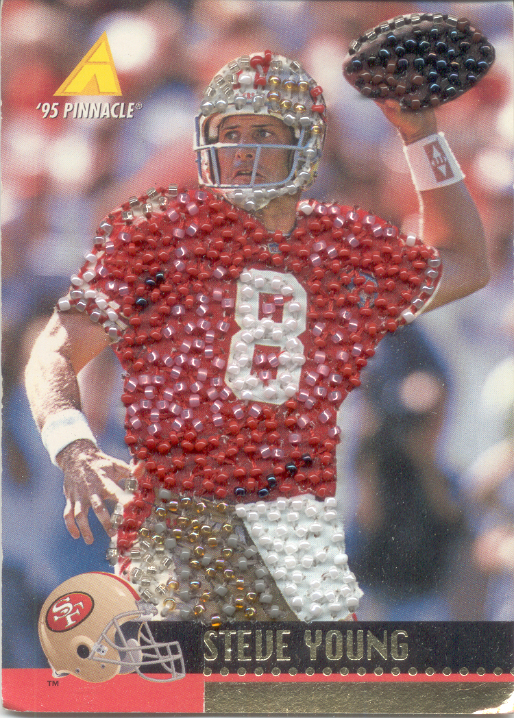 Men in Action (Steve Young). Beads on trading card. 3 1/2" x 21/2". 1995-97.