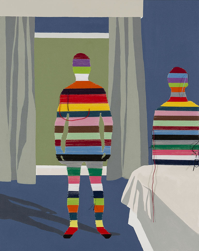 INTERIOR CON DOS FIGURAS EN TECHNICOLOR | Hand embroidery and acrylic on canvas | 50 x 40 cm