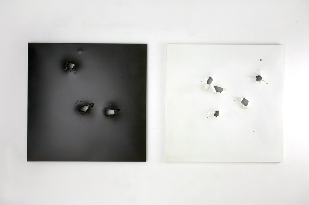 Morning, 2014, powder-coated stainless steel with gunshot, 46x46in