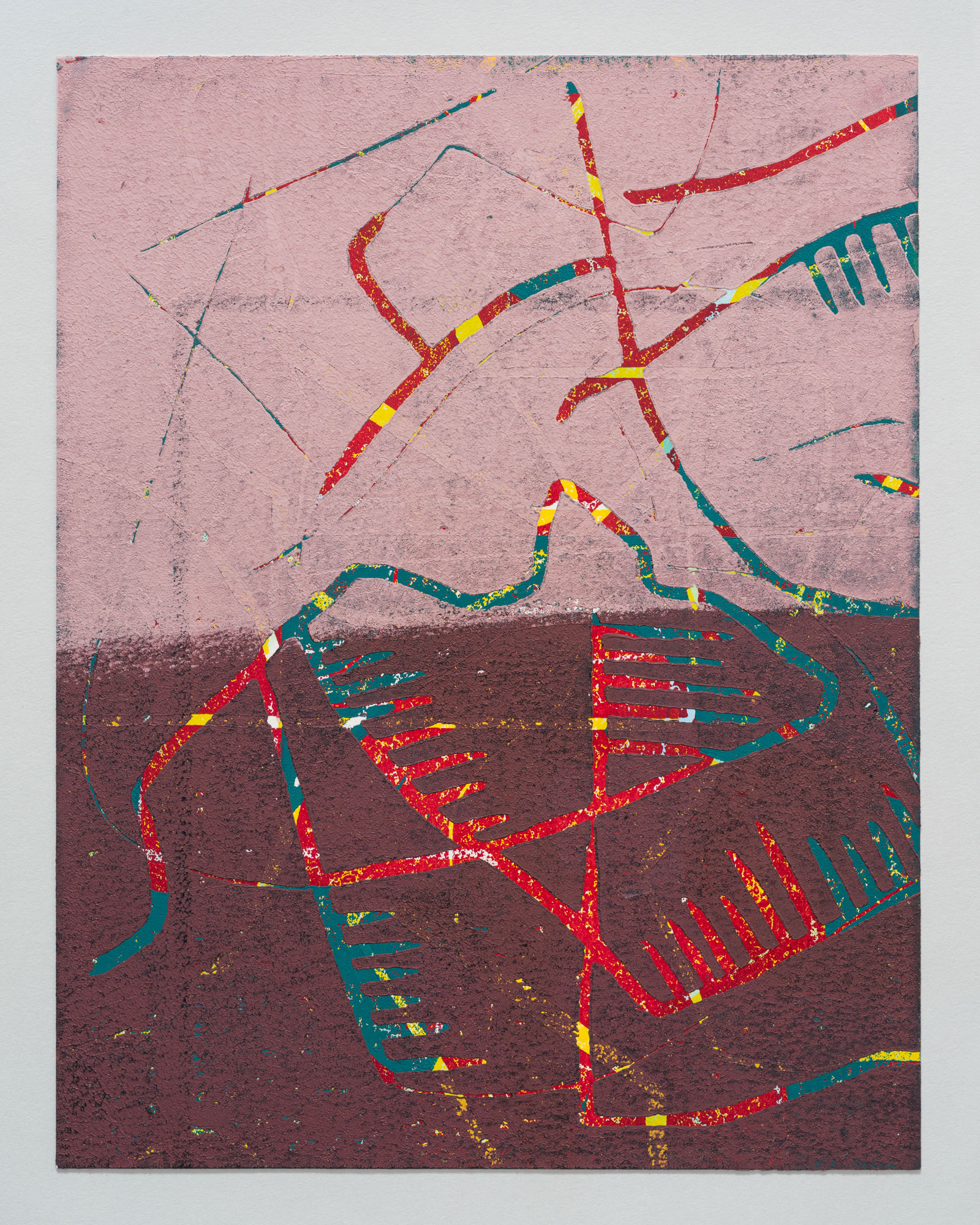 Untitled, 2025, hand-printed woodcut with air-brushed acrylic on paper, 11 × 8.5".